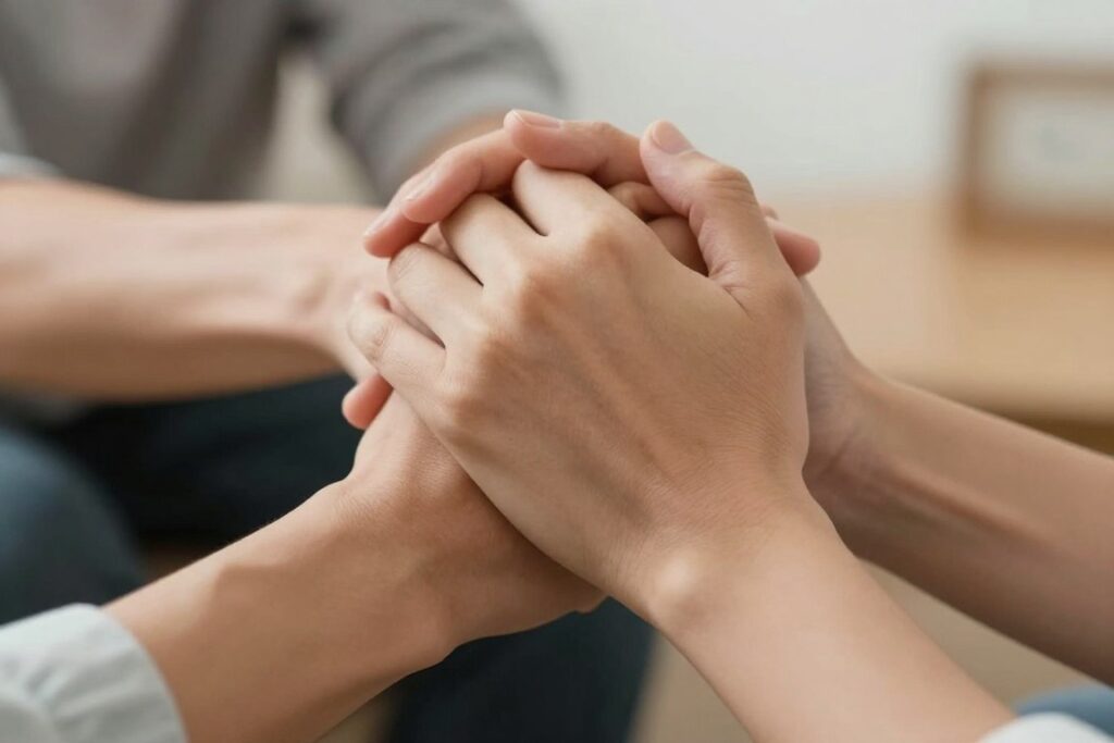 Two hands clasped in forgiveness and reconciliation