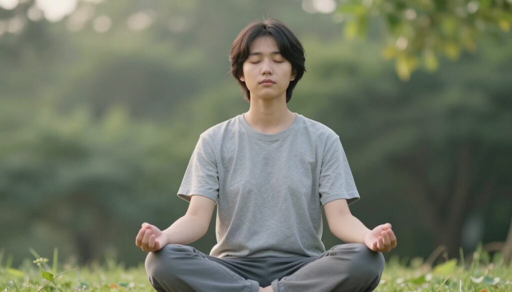 peaceful young person practicing mindfulness and prayer for mental health peaceful young person practicing mindfulness and prayer for mental health