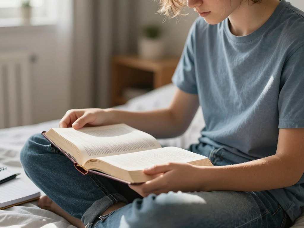 young person reading Bible during Sunday homily reflection young person reading Bible during Sunday homily reflection
