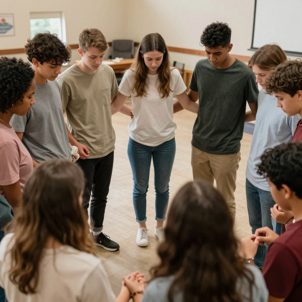 youth group members supporting one another in prayer circle youth group members supporting one another in prayer circle