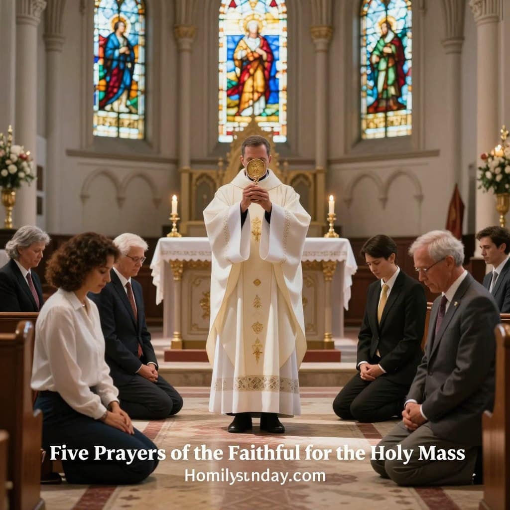 A serene Catholic Mass scene in a beautifully adorned church. In the foreground, a diverse group of worshippers, dressed in professional business attire and modest casual clothing, kneeling in prayer, with expressions of devotion and unity. In the middle, a priest in flowing white vestments stands at the altar, holding up the chalice beneath soft, warm candlelight, symbolizing reverence and spirituality. The background features stained glass windows, casting colorful patterns across the wooden pews, with the sun softly illuminating the sacred space. The atmosphere is tranquil and reflective, inviting a sense of faith and community. The overall composition should evoke a feeling of peace and devotion, suitable for illustrating the theme of the "Five Prayers of the Faithful for the Holy Mass" section for Homilysunday.com.