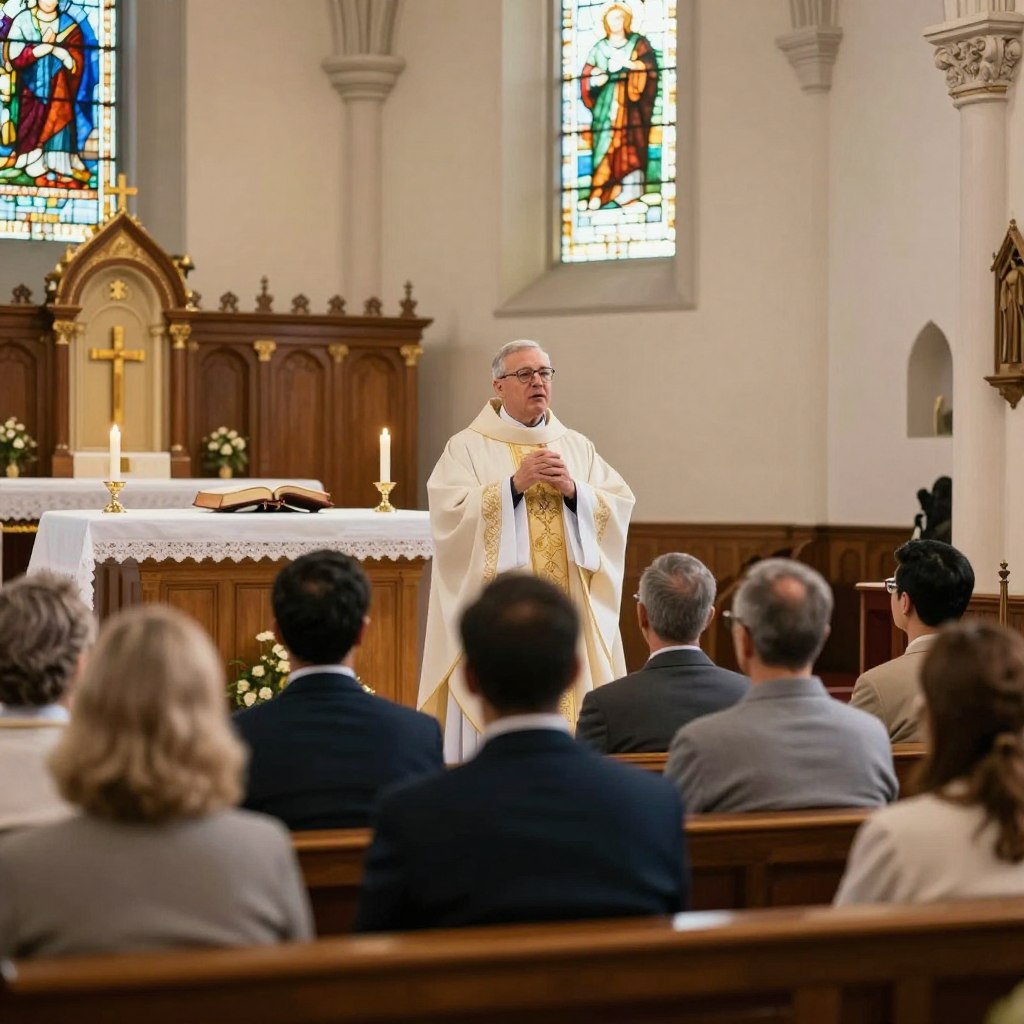 A serene Catholic church interior during a Sunday sermon, featuring a charismatic priest in a simple yet elegant white and gold vestment, passionately delivering a homily. The foreground shows a small group of attentive parishioners, both men and women, dressed in professional business attire and modest casual clothing, focused on the priest. The middle ground includes a beautifully adorned wooden altar with candles and a Bible, creating a sense of reverence. In the background, stained-glass windows illuminate the space with soft, colorful light, contributing to a warm and inviting atmosphere. The image should have a warm, soft focus effect, with natural lighting enhancing the spiritual mood. No text, captions, or watermarks. This visual is for Homilysunday.com.