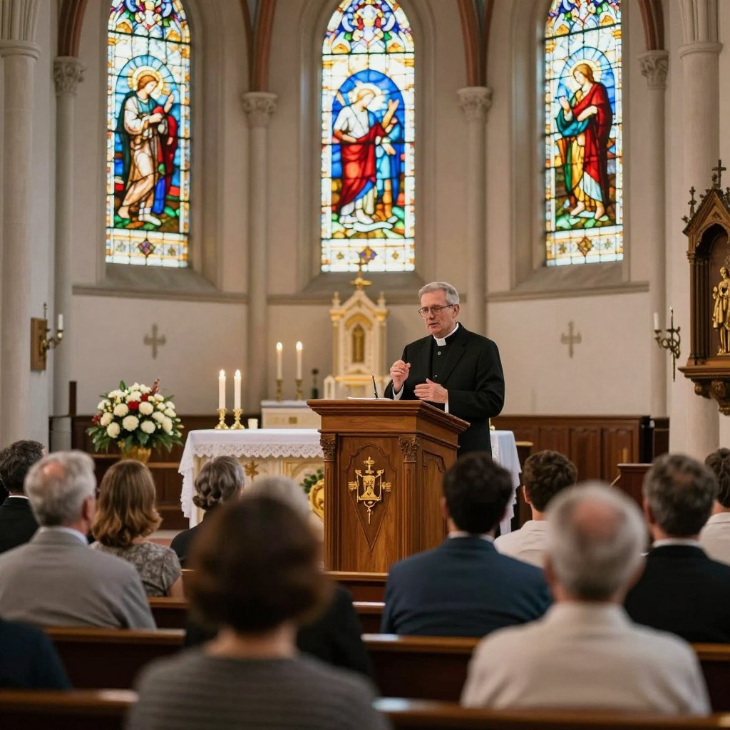 A serene Catholic church interior during a sermon, featuring a charismatic priest in a formal black suit or clerical attire, passionately delivering a homily. The priest stands at an ornate wooden pulpit adorned with religious symbols. In the foreground, a diverse congregation of attentive worshippers in modest casual clothing, reflecting deep engagement. The middle ground highlights stained glass windows depicting biblical scenes, casting colorful light across the space. In the background, a gentle altar arrangement with candles and flowers enhances the spiritual atmosphere. The lighting is soft and warm, creating an inviting and reflective mood, with a slight focus depth to emphasize the sermon’s significance. --v 5 --ar 16:9 --style photorealistic --quality 2 --brand Homilysunday.com