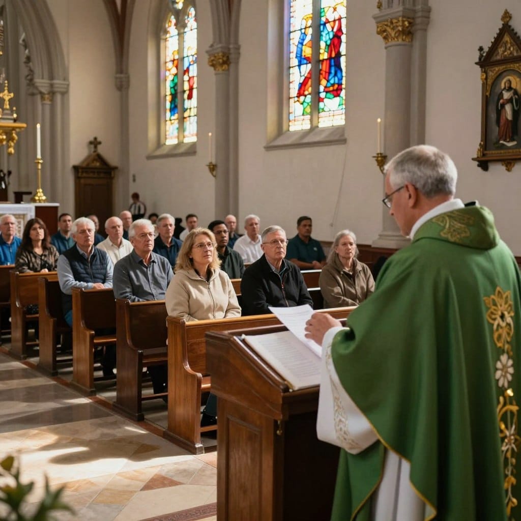 A serene Catholic church interior during a sermon. In the foreground, a priest in a white alb and green chasuble passionately delivers a sermon at the pulpit, embodying warmth and reverence. In the middle ground, attentive congregation members, dressed in modest casual clothing, display expressions of contemplation and engagement. Soft rays of light filter through stained glass windows, casting colorful patterns on the wooden pews, creating a tranquil atmosphere. The background features ornate church decor, including candles and religious artwork, enhancing the sacred vibe. Capture the scene from a slightly elevated angle to encompass the setting's depth and emphasize the communal aspect of worship. Overall, the image should resonate with a mood of reflection and spiritual connection. Homilysunday.com.