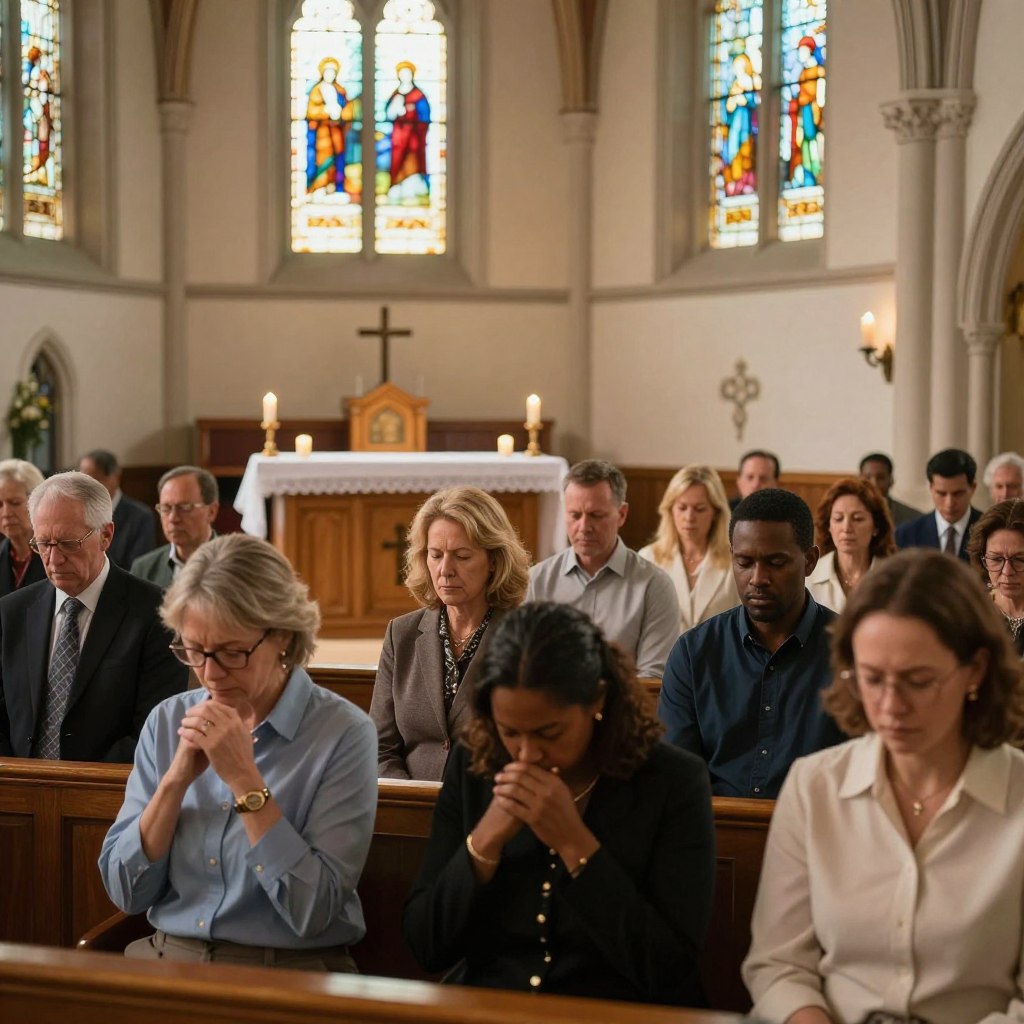 A serene Christian worship service scene depicting a diverse congregation gathered in a beautiful, sunlit church interior. In the foreground, a group of worshippers of various ages and ethnicities, dressed in modest, professional attire, are engaged in prayer with reverent expressions. The middle ground features a wooden altar adorned with a simple white cloth, candles, and a cross, radiating a warm, inviting glow. In the background, stained glass windows filter soft, colorful light into the space, creating a peaceful atmosphere. The overall mood is one of hope and reflection, encouraging a sense of community and spiritual preparation for the week ahead. Capture this moment with a wide-angle lens to enhance the unity and intimacy within the church setting. No text, logos, or watermarks. Homilysunday.com.
