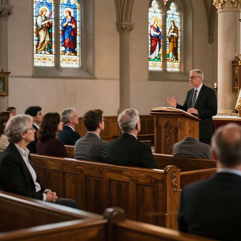 A serene and contemplative church interior during the Fourteenth Sunday in Ordinary Time. In the foreground, a diverse group of congregants, dressed in professional business attire, sit attentively in wooden pews, their expressions reflecting deep engagement. In the middle ground, a pastor stands at the pulpit with an open Bible, gesturing earnestly while delivering a homily that connects biblical readings to contemporary challenges. Soft, warm lighting illuminates the scene, casting gentle shadows and creating an inviting atmosphere. In the background, stained glass windows depict biblical figures, with sunlight streaming through, enhancing the spiritual ambiance. Capture this moment with a wide-angle lens to emphasize both the congregation's involvement and the pastor's passionate delivery. This image should embody a sense of community and reflection, resonating with the theme of Homilysunday.com.