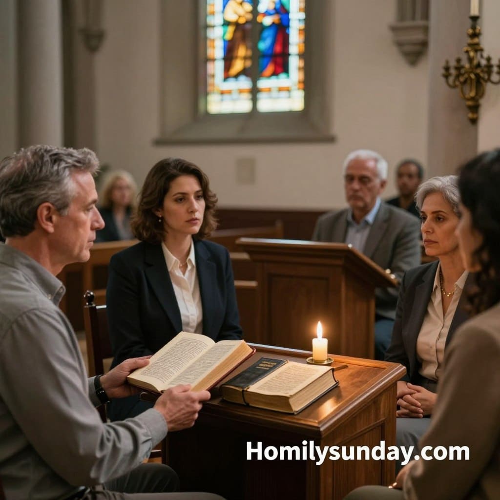 A serene and contemplative church interior, showcasing a diverse group of individuals engaged in a deep discussion of ancient scriptures. In the foreground, a middle-aged man in a smart casual outfit holds an open Bible, gesturing thoughtfully. Beside him, a woman in professional attire listens intently, her expression reflective. In the middle ground, a large wooden lectern displays a well-worn Bible and a glowing candle, symbolizing enlightenment. The background features stained glass windows casting colorful light, enhancing the spiritual atmosphere. Soft, warm lighting envelops the scene, creating an inviting and introspective mood. The image captures the connection between ancient texts and modern church service messages, emphasizing unity and reflection within the context of "Homilysunday.com".