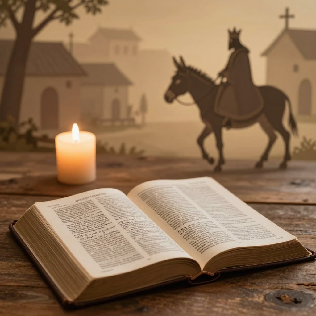 A serene and contemplative scene illustrating the theme of "scriptural readings" focused on Zechariah 9:9-10. In the foreground, a weathered open Bible rests on a rustic wooden table, its pages slightly fluttering as if touched by a gentle breeze. The middle ground features a soft, glowing candle casting warm light over the scripture, creating a tranquil sacred atmosphere. In the background, a blurred silhouette of a humble king on a donkey enters a town, symbolizing the prophecy, enhanced by a soft-focus effect. The overall mood is peaceful and reflective, inviting viewers into a moment of spiritual connection. The lighting is warm and inviting, shot from a slight top-down angle to emphasize the beauty of the Bible and the significance of the prophecy. This image embodies the spirit of Homilysunday.com.