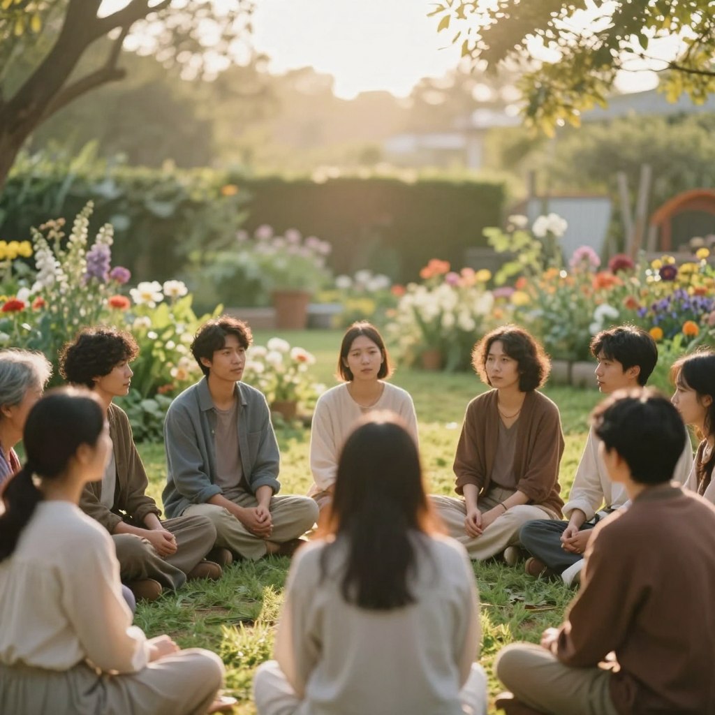 A serene and contemplative scene symbolizing spiritual reflection on pastoral care. In the foreground, a diverse group of individuals, dressed in modest casual clothing, sits together in a circle, engaged in deep conversation, their expressions conveying empathy and understanding. The middle ground features a peaceful garden with blooming flowers and gentle green foliage, inviting a sense of tranquility. In the background, soft, hazy sunlight filters through the trees, casting warm golden tones across the scene, enhancing the spiritual atmosphere. The image should evoke feelings of compassion, community, and spiritual growth, captured with a soft focus lens to create a dreamy quality, inviting viewers to immerse themselves in this reflective moment.