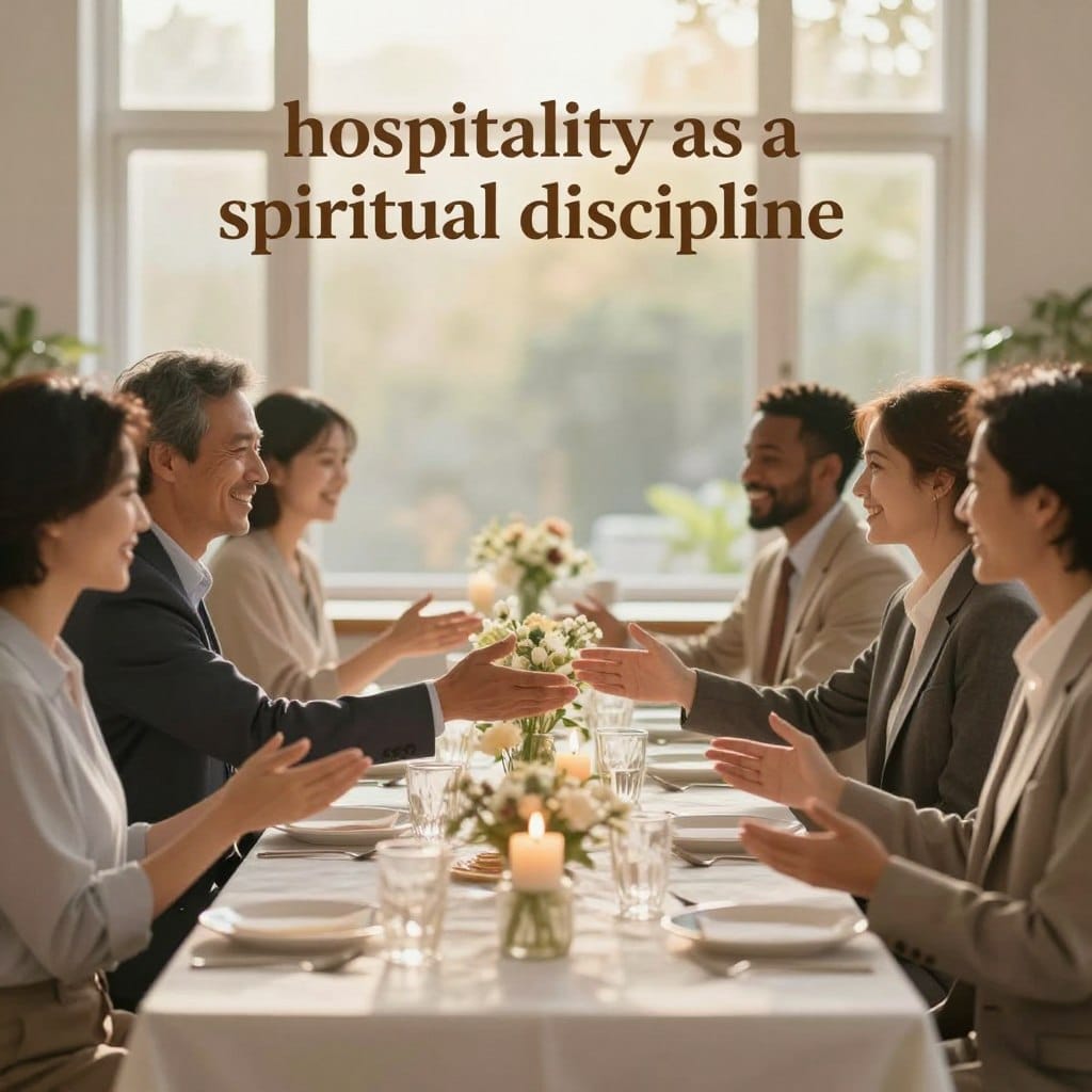 A serene and inviting scene depicting "hospitality as a spiritual discipline." In the foreground, a diverse group of people, dressed in professional business attire, warmly greeting each other with genuine smiles and open gestures, showcasing kindness and respect. In the middle ground, a beautifully set table adorned with soft white linens, flickering candles, and fresh flowers, symbolizing warmth and welcome. The background reveals an open, sunlit space with large windows allowing soft, golden light to spill in, creating an uplifting atmosphere. The overall mood is peaceful and nurturing, evoking feelings of connection and community. Capture it in a gentle, soft focus to enhance the spiritual essence. Homilysunday.com.