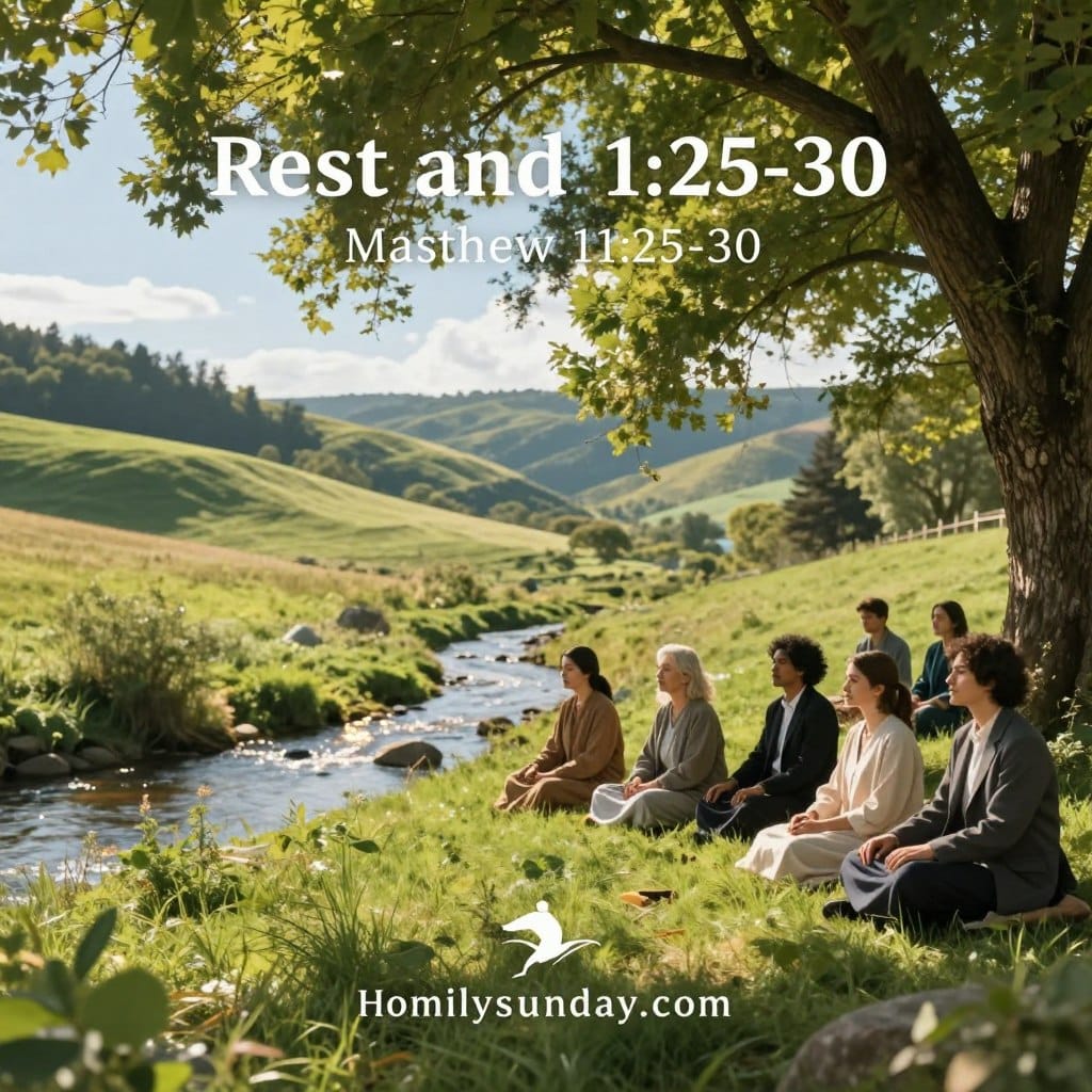 A serene and inviting scene depicting the gospel message of rest and gentleness inspired by Matthew 11:25-30. In the foreground, a diverse group of individuals in modest, professional attire are seated on a lush green hillside, their expressions radiating peace and contemplation. In the middle, a gentle stream flows nearby, reflecting warm sunlight. Soft, dappled light filters through the leaves of large trees that frame the scene, creating a tranquil atmosphere. In the background, rolling hills under a clear blue sky complete the idyllic setting. The overall mood is one of calm and reassurance, embodying the essence of gentleness and comfort. Ideal for illustrating themes of spiritual rest and warmth, perfect for an article by Homilysunday.com.