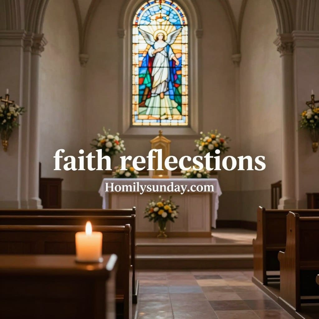 A serene and reflective church interior on a peaceful Sunday morning, embodying the theme of "faith reflections." In the foreground, a wooden prayer bench with a softly lit candle, casting a warm glow. In the middle ground, a stained glass window depicting a dove and light pouring through, symbolizing hope and spirituality. The background features a simple altar adorned with fresh flowers, enhancing the peaceful atmosphere. The lighting is gentle and diffused, creating a calm and inviting environment. The perspective is slightly elevated, capturing the essence of devotion and tranquility. A subtle image of the brand "Homilysunday.com" is integrated into the scene, enhancing the focus on daily faith applications without disrupting the visual harmony.
