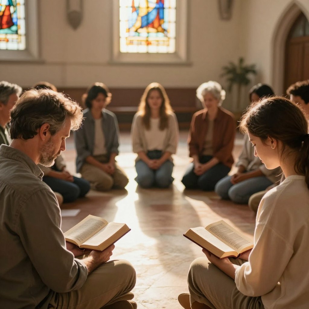 A serene and uplifting scene depicting a gathering of diverse individuals engaged in a reflective moment of prayer and contemplation. In the foreground, two individuals, a middle-aged man and a young woman, dressed in modest casual attire, are reading from open Bibles, their expressions showing deep thought and inspiration. In the middle ground, a small group of people sits in a circle, listening intently, with soft smiles as they share insights. The background features a softly lit church interior, complete with stained glass windows filtering warm sunlight, creating an inviting and peaceful atmosphere. The overall mood is one of community, encouragement, and spiritual reflection, symbolizing hope and faith. Capture with a warm golden hour lighting to enhance the comforting feel, shot at a slight angle to create depth. Homilysunday.com.