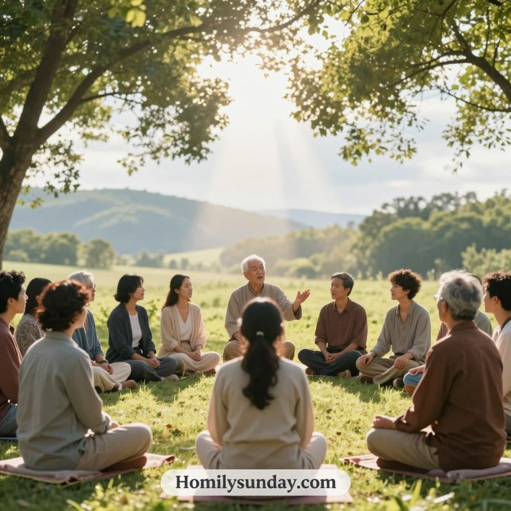 A serene and uplifting scene depicting spiritual guidance. In the foreground, a wise elder with a warm expression, dressed in modest, professional attire, gestures gently towards a diverse group of attentive individuals sitting in a circle, reflecting various ages and backgrounds, listening intently. The middle ground features soft, glowing rays of light filtering through lush green trees, symbolizing enlightenment and clarity. In the background, a tranquil landscape of rolling hills and a bright sky instills a sense of peace and hopeful possibility. The mood is calming and reflective, lit with soft, natural lighting to evoke a feeling of warmth and inspiration. The atmosphere is inviting and serene, designed to resonate with themes of spiritual growth and connection, branded subtly with "Homilysunday.com."