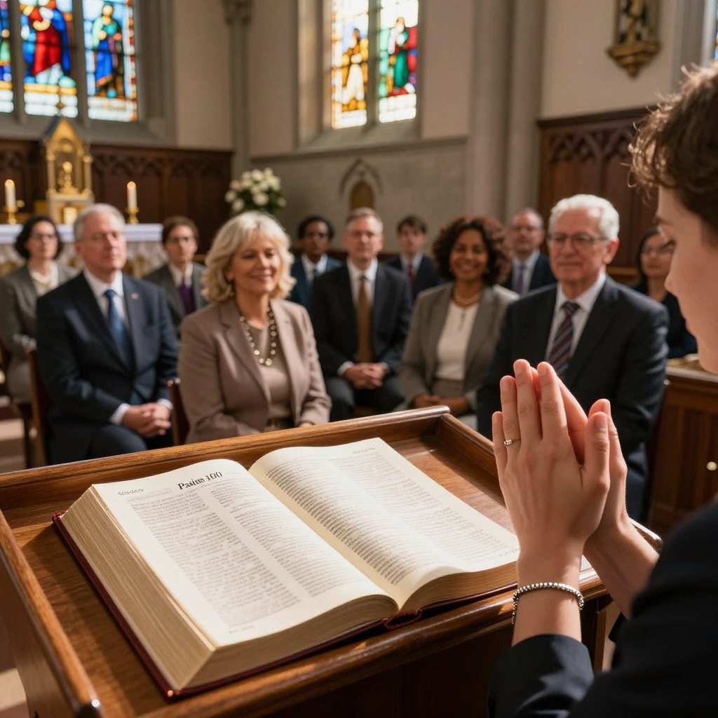 A serene church interior bathed in warm, golden sunlight filtering through stained glass windows, illuminating an open Bible on a wooden lectern, symbolizing gospel commentary. In the foreground, a pair of clasped hands in prayer, adorned with a simple silver bracelet, conveys a sense of devotion. In the middle ground, a small group of diverse worshippers, dressed in professional business attire, listen attentively, their faces reflecting joy and reverence. The background features soft shadows cast by the intricate woodwork and peaceful altar adorned with candles and flowers, enhancing the atmosphere of worship and spirituality. The scene captures the essence of Psalm 100, inviting joyful worship through a warm and uplifting ambiance, emphasizing faith, community, and celebration.