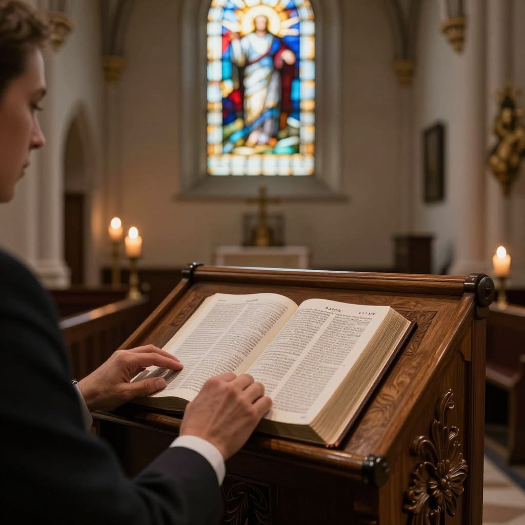 A serene church interior bathed in warm, soft lighting, highlighting an ornate wooden lectern adorned with an open Bible illustrating scriptural readings, particularly focusing on Romans 8:9, 11-13. In the foreground, a pair of hands delicately turning the pages of the Bible, dressed in modest, professional attire. The middle layer features a softly glowing stained glass window depicting the Spirit, with colorful rays illuminating the scene, symbolizing divine inspiration. The background includes simple pews and softly flickering candles, creating a tranquil, contemplative atmosphere. The overall mood conveys peace and reverence, inviting reflection on living according to the Spirit. Capture this moment in high detail, with a shallow depth of field to emphasize the Bible while softly blurring the background elements. Homilysunday.com.