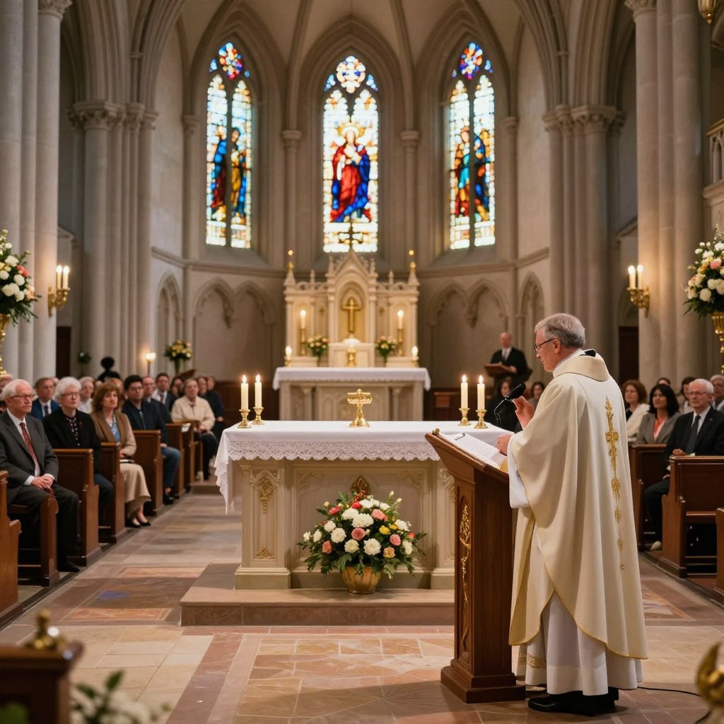 A serene church interior designed for liturgical preaching, with a graceful altar at the center, adorned with candles and delicate floral arrangements. In the foreground, a clergy member in professional attire stands behind a wooden lectern, passionately delivering a homily. The middle ground features a diverse congregation of attentive listeners, reflecting various ages and backgrounds, engaged and inspired. Soft, warm lighting filters through stained glass windows, casting colorful patterns on the stone floor. The background includes towering church pillars and a vaulted ceiling, creating a sense of grandeur and reverence. The atmosphere is one of devotion and contemplation, emphasizing the theme of discipleship and community in faith.