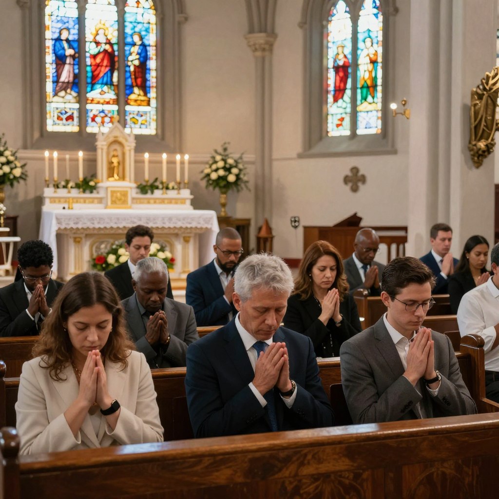 A serene church interior during Sunday mass, focusing on a reflective congregation. In the foreground, a diverse group of individuals in modest, professional attire, engaged in prayer, with hands clasped and eyes closed. The middle ground features a beautifully adorned altar, embellished with candles and floral arrangements, capturing an ambiance of reverence. The stained glass windows in the background diffuse soft, natural light into the scene, casting a colorful glow across the pews. The atmosphere is tranquil and contemplative, evoking a sense of spiritual connection as worshippers reflect on the Responsorial Psalm 69. Capture this moment with a slightly elevated angle, emphasizing the unity and devotion of the congregation, suitable for an article on Homilysunday.com.