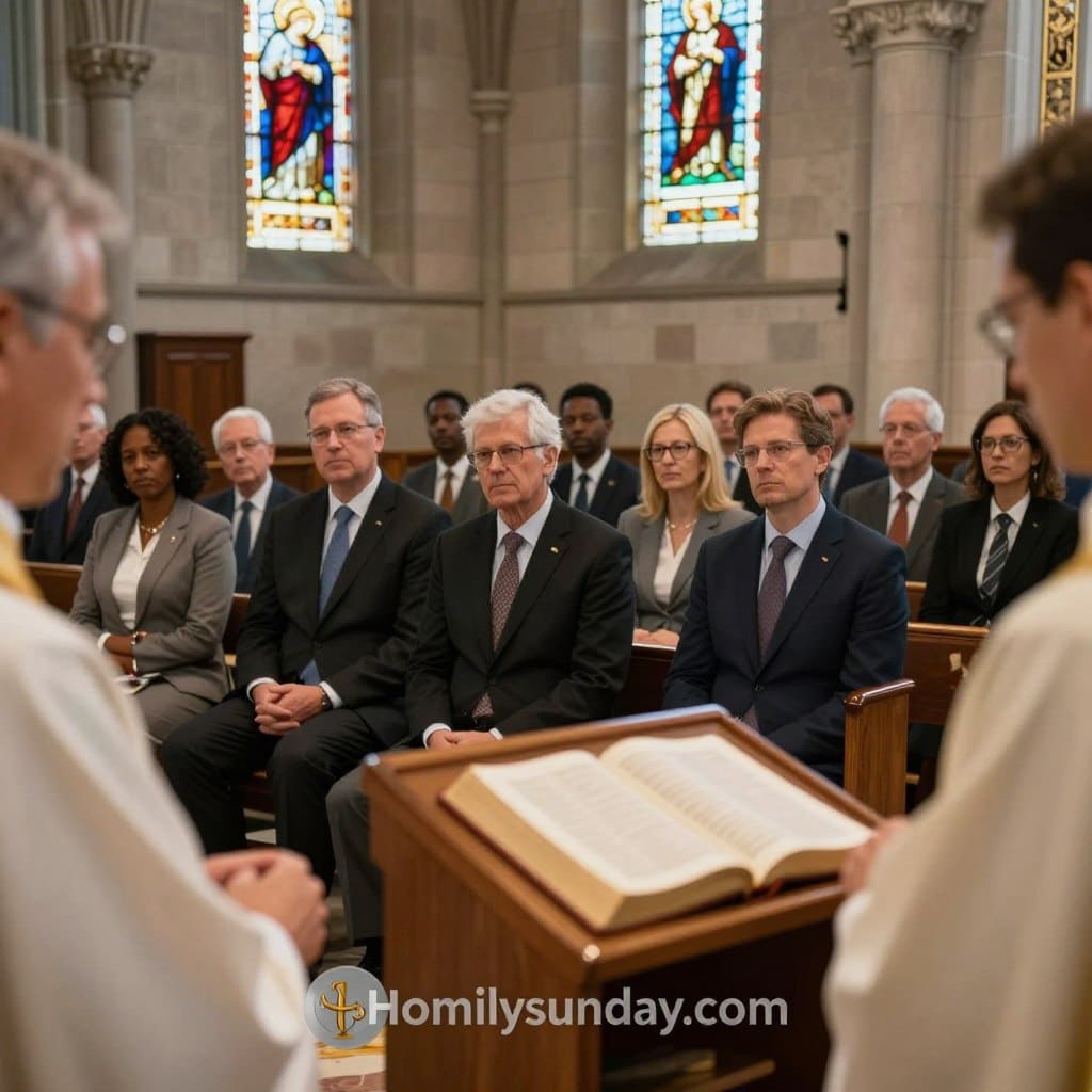 A serene church interior during a Thirteenth Sunday in Ordinary Time service, featuring a diverse group of worshippers in professional business attire, attentively listening to a priest delivering a heartfelt homily. In the foreground, a polished wooden lectern holds an open Bible, illuminated by soft, warm lighting that enhances the reverent atmosphere. The middle ground showcases the congregation, with individuals of various ages and ethnic backgrounds, expressing contemplation and engagement. In the background, stained glass windows depict religious themes, casting colorful patterns on the stone walls. The overall mood is reflective and peaceful, inviting a sense of community and spiritual growth, branded with the subtle logo "Homilysunday.com" integrated into the church’s decor in an unobtrusive manner.