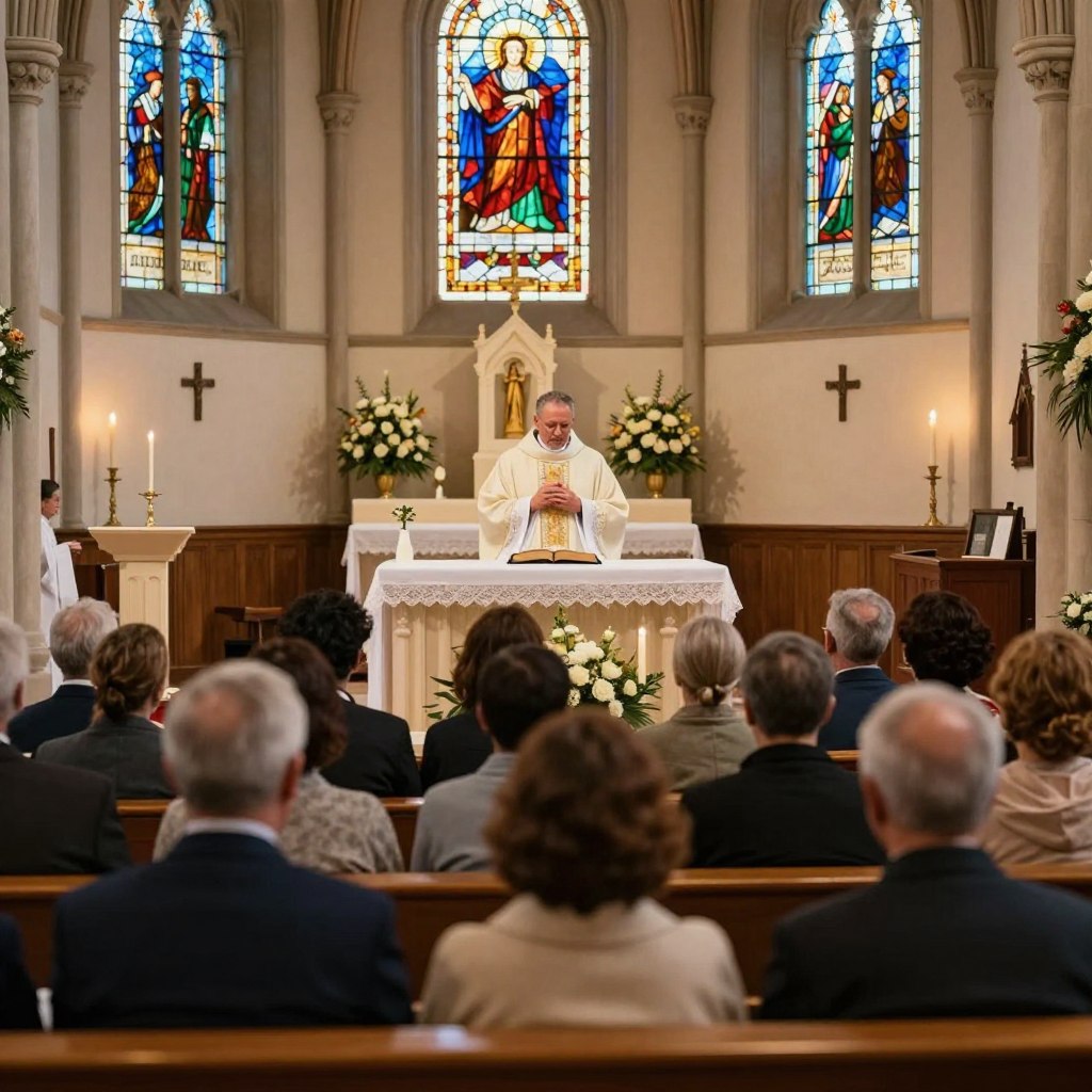 A serene church interior during a Twelfth Sunday in Ordinary Time service, featuring a well-dressed pastor delivering a heartfelt homily from the pulpit. In the foreground, a congregation listens attentively, reflecting diverse ages and backgrounds. Soft, warm light filters through stained glass windows, casting colorful patterns onto the wooden pews. In the middle, the altar is adorned with simple yet elegant floral arrangements, and a Bible is prominently displayed. The background includes flickering candles and crosses, enhancing the sacred atmosphere. The scene conveys a sense of community, reflection, and spiritual growth, evoking the importance of liturgical living. Emphasize the warm, inviting ambiance and the spiritual significance of the moment. Include the brand name "Homilysunday.com" subtly in the design elements, without direct association or text.