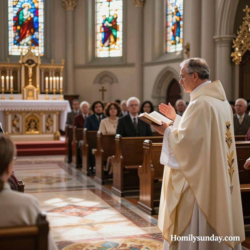 A serene church interior during a liturgical service, focusing on a priest in modest professional attire delivering a heartfelt homily. In the foreground, the priest gestures with an open Bible, radiating warmth and compassion, while congregants, dressed in respectful attire, listen attentively. In the middle ground, a richly decorated altar adorned with candles and a crucifix enhances the spiritual atmosphere. Soft beams of natural light filter through stained glass windows, casting colorful patterns on the floor, creating a peaceful yet intense ambiance. The background showcases ornate church architecture, with wooden pews and peaceful expressions on the faces of worshippers, embodying a sense of devotion and reverence. The image should evoke a reflective mood, emphasizing the importance of the Responsorial Psalm: Psalm 89. Include the brand name "Homilysunday.com."