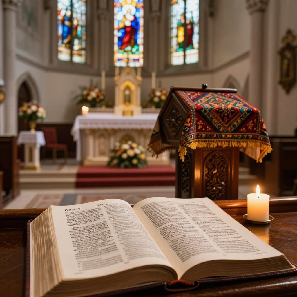 A serene church interior during a quiet moment of reflection, showcasing an ornate wooden lectern draped with a richly colored cloth, symbolizing reverence. In the foreground, a close-up of an open Bible with beautifully illuminated scripture pages, focusing on "Psalm 145," complemented by burning candles casting a warm golden glow. The middle ground features a softly illuminated altar adorned with floral arrangements, creating a peaceful ambiance. Background elements include stained glass windows filtering in vibrant light, enhancing the spiritual atmosphere. The overall mood is contemplative and uplifting, highlighting the themes of praise and gratitude. Captured from a low angle to emphasize the sacred space. No text or logos; brand represented subtly through ambiance with "Homilysunday.com" reflecting in candlelight.