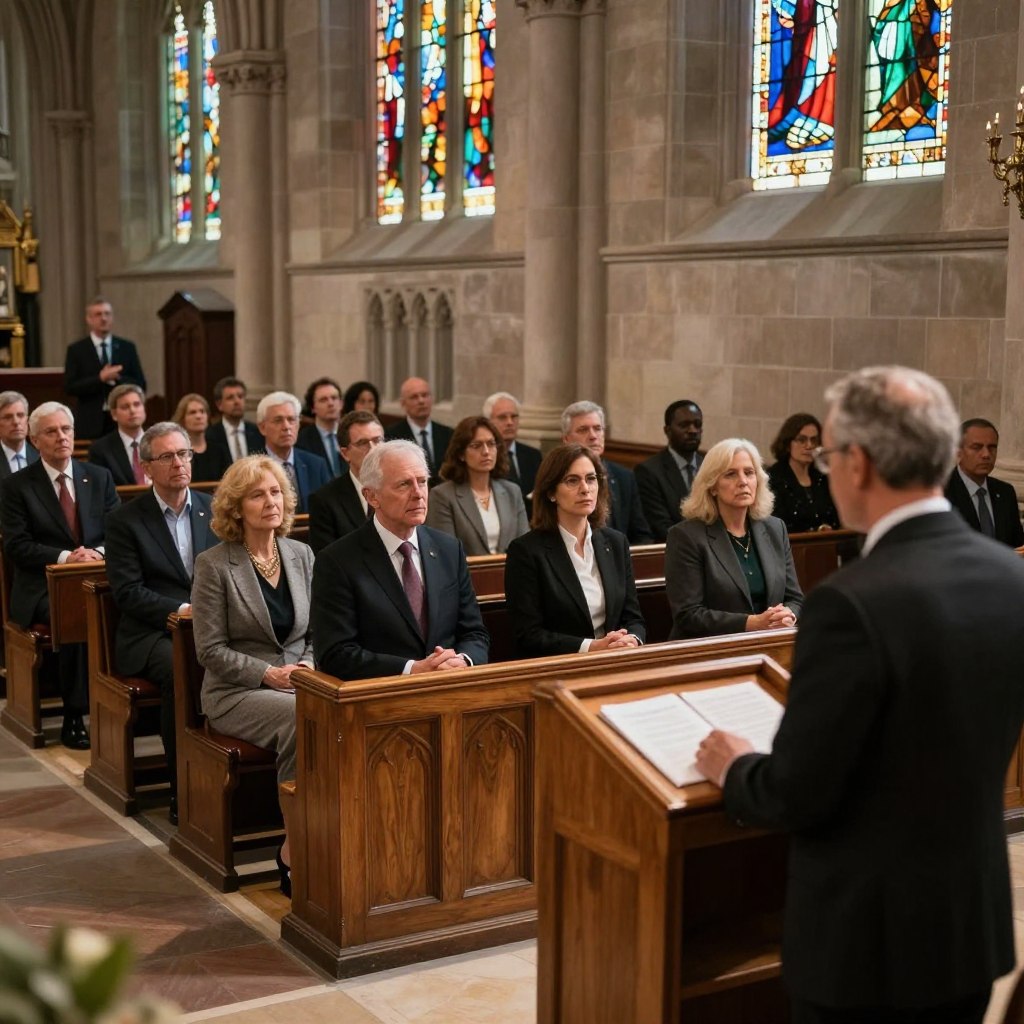 A serene church interior during a religious sermon, showcasing a diverse group of attendees in professional business attire, engaged and listening attentively. In the foreground, a confident speaker stands at a wooden pulpit, illuminated by warm, soft lighting that enhances the sacred atmosphere. In the middle ground, rows of congregants with varied expressions of contemplation and inspiration, some with hands clasped in prayer. The background features stained glass windows casting colorful light patterns on the stone walls, enhancing the sense of spirituality. Capture a slightly elevated angle, evoking an inclusive feeling, with an ambiance conveying reflection and community harmony, suitable for a modern believer's theological insights.