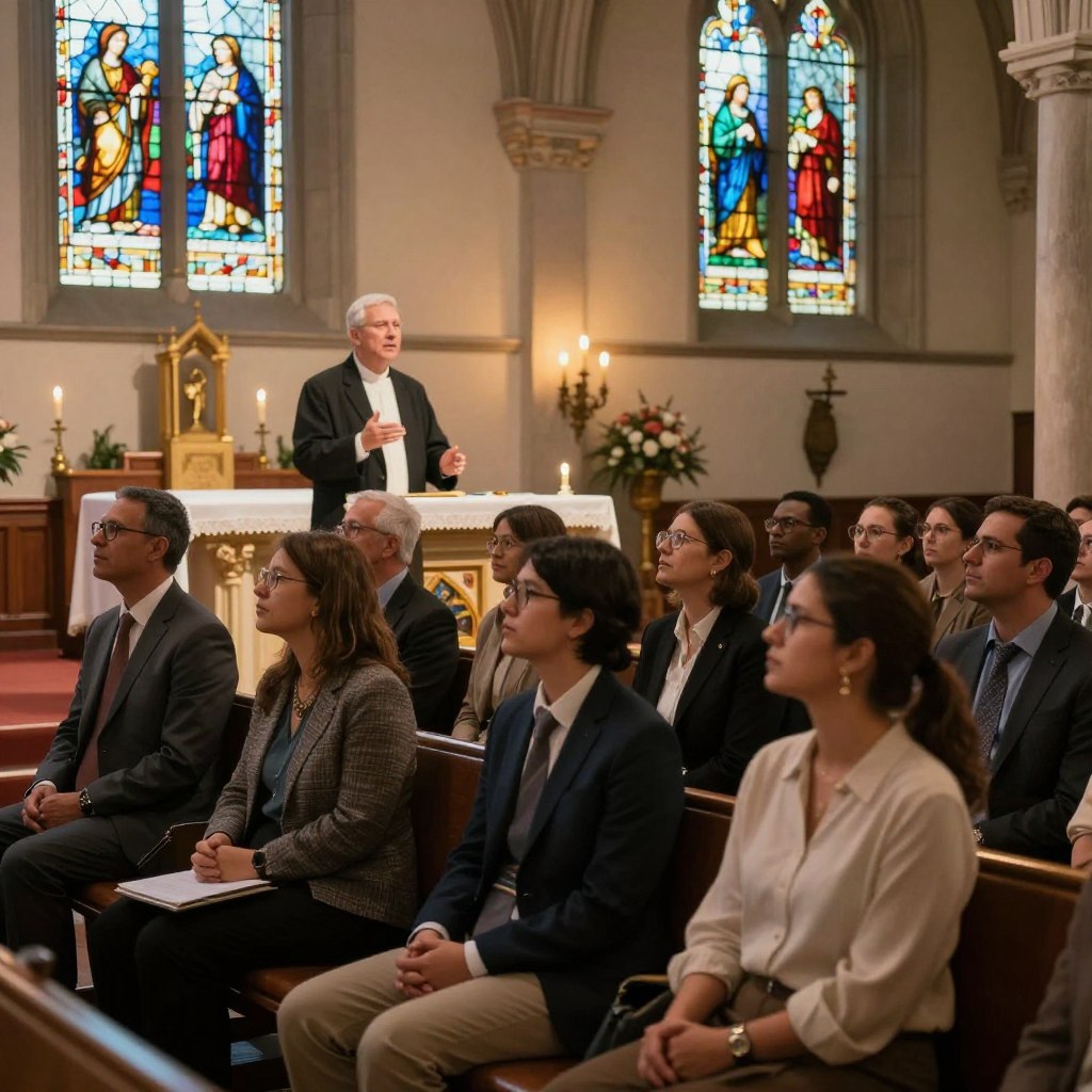 A serene church interior during a service focused on "Matthew 10:5-8: The Mission to the Lost Sheep." In the foreground, a diverse group of congregants dressed in professional business attire and modest casual clothing sit attentively in wooden pews, their expressions reflecting engagement and contemplation. In the middle ground, a priest stands at the altar, delivering a heartfelt homily, gesturing with one hand, conveying warmth and authority. The background features stained glass windows casting colorful, ethereal light onto the scene, enhancing the spiritual atmosphere. The setting is softly lit with warm candlelight, creating a sense of intimacy and reverence. The camera angle is slightly elevated, capturing both the priest and the attentive congregation, emphasizing a communal experience. The mood is uplifting and reflective, embodying the essence of faith and purpose.
