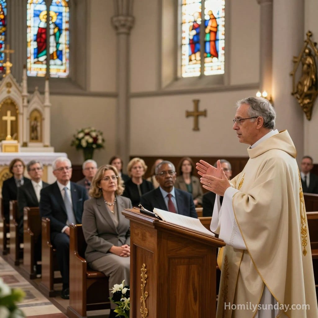 A serene church interior during the Fourteenth Sunday in Ordinary Time, illuminated by warm, soft natural light filtering through stained glass windows. In the foreground, a well-dressed, middle-aged priest stands at a wooden pulpit, gesturing thoughtfully while delivering a homily, dressed in a modest clerical outfit. In the middle ground, attentive congregation members, including diverse individuals in professional business attire, listen with intent expressions, exhibiting a sense of community and reflection. The background features beautifully adorned altar and religious symbols that evoke a spiritual atmosphere, with subtle floral arrangements enhancing the setting. The overall mood is uplifting and contemplative, capturing the essence of faith and fellowship. The watermark "Homilysunday.com" will not be present.