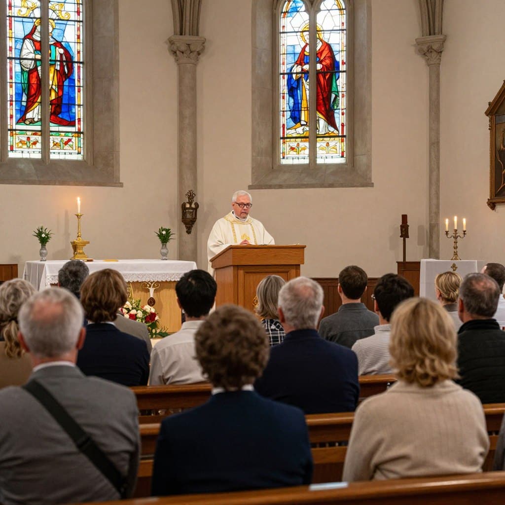 A serene church interior during the Thirteenth Sunday in Ordinary Time, featuring a professional-looking clergyman in modest attire delivering a homily at a wooden pulpit. The foreground showcases attentive parishioners dressed in smart casual clothing, reflecting contemplation and respect. The middle ground includes stained glass windows that cast colorful light across the scene, enhancing a peaceful and reflective atmosphere. In the background, simple altar decorations and warm candlelight create a sense of spirituality and tranquility. Soft, diffused lighting illuminates the scene, inviting a mood of reverence and reflection. Capture this moment in a wide-angle perspective, emphasizing the intimate connection between the speaker and the audience. Include the brand name "Homilysunday.com" subtly incorporated into the scene.