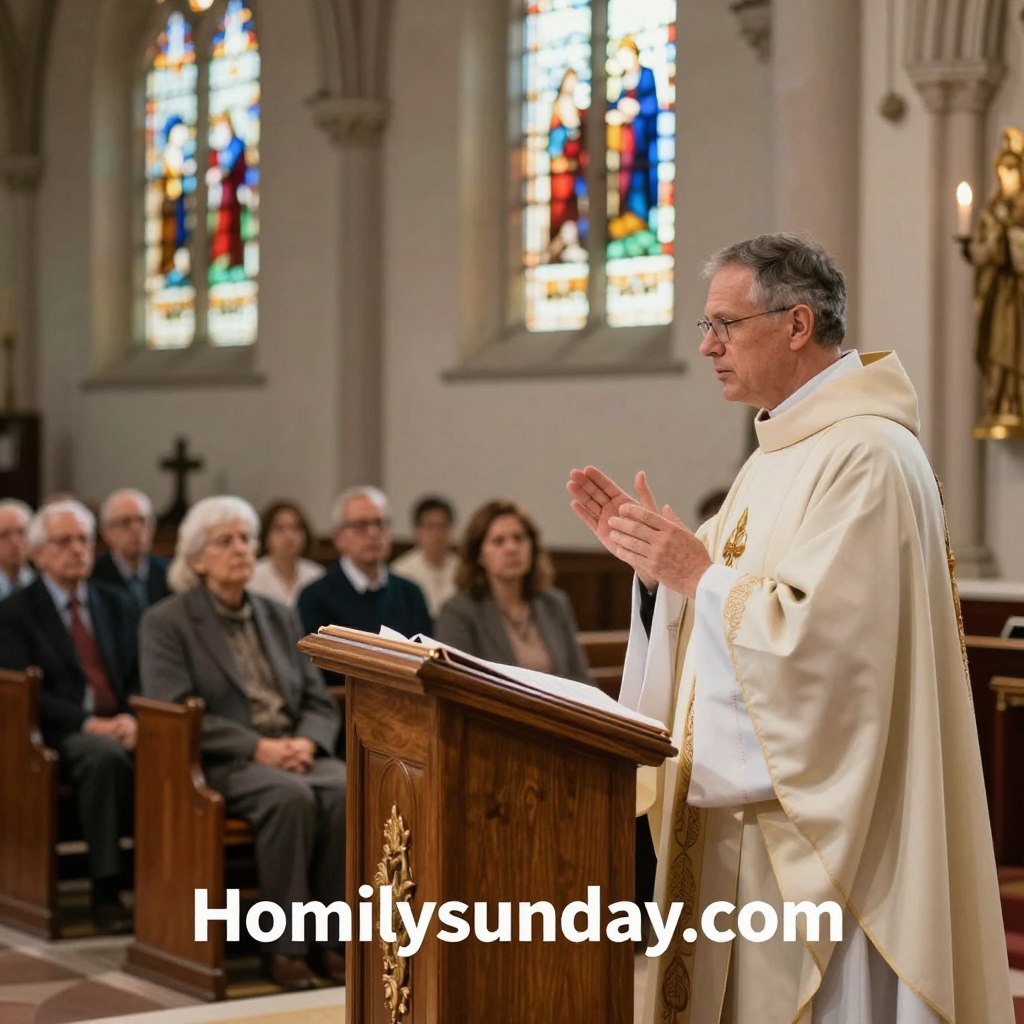 A serene church interior during the Twelfth Sunday in Ordinary Time, showcasing a wooden podium adorned with a simple silk cloth. In the foreground, a clergy member in professional attire stands confidently, gesturing thoughtfully as they deliver a homily. The middle ground features attentive congregation members, reflecting deep engagement and contemplation. In the background, stained glass windows filter soft, colorful light, casting gentle hues around the space. The atmosphere is warm and inviting, highlighting themes of hope, faith, and reflection. The lighting is soft and natural, emphasizing the solemnity of the occasion. The overall mood is one of peace and inspiration, perfect for "Homilysunday.com".