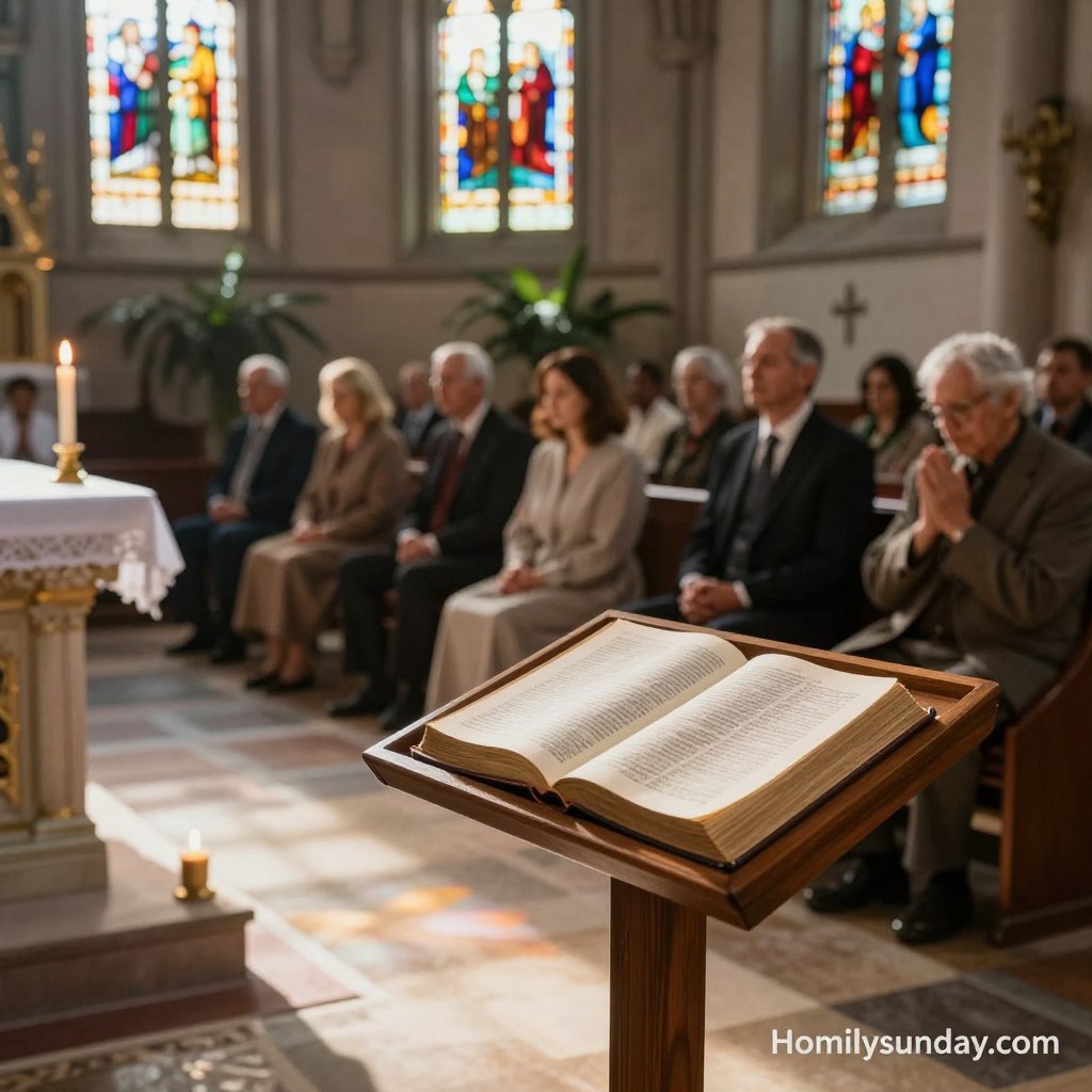 A serene church interior featuring a beautifully decorated altar with soft candlelight illuminating the scene. In the foreground, a wooden lectern holds an open Bible, with gently worn pages hinting at numerous readings. The middle ground showcases a diverse group of people in modest, respectful attire engaged in deep reflection and prayer, their expressions reflecting hope and inspiration. Soft rays of sunlight filter through stained glass windows, casting colorful patterns on the stone floor, enhancing the uplifting atmosphere. The background reveals gentle greenery just beyond the glass, symbolizing growth and renewal. The mood is calm and contemplative, invoking a sense of peace and moral inspiration. Include the subtle branding of “Homilysunday.com” in the lower corner of the image, ensuring it blends harmoniously with the overall composition.