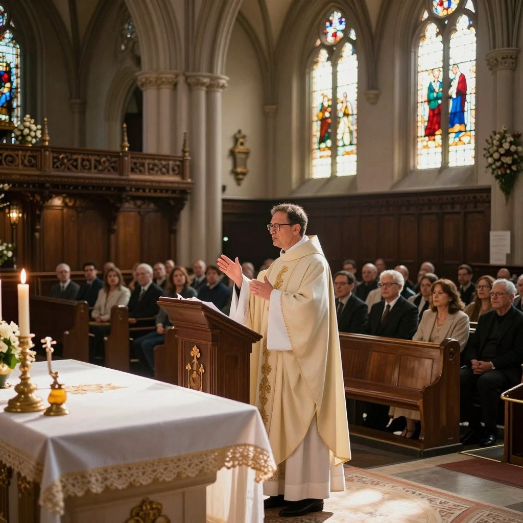 A serene church interior featuring a liturgical preacher standing at the pulpit, illuminated by soft, warm sunlight streaming through stained glass windows. The preacher, dressed in formal clerical robes, is passionately gesturing, creating a sense of connection with an unseen congregation. In the foreground, a beautifully arranged altar adorned with candles and flowers sets a reverent tone. The middle ground showcases rows of wooden pews filled with attentive worshippers, their faces reflecting a mixture of contemplation and inspiration. In the background, intricately detailed architecture of the church, with vaulted ceilings and rich woodwork, enhances the uplifting atmosphere. The scene conveys a mood of anticipation and spirituality, emphasizing the sacred moment of preparing for the Gospel.
