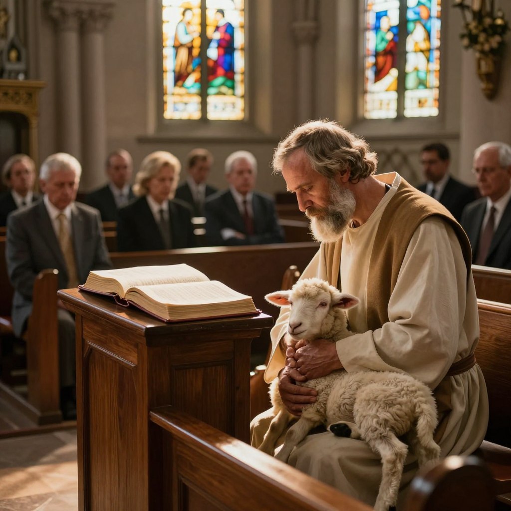 A serene church interior, softly illuminated by warm, golden light filtering through stained glass windows, casting colorful reflections on polished wooden pews. In the foreground, a compassionate shepherd figure, in modest attire, gently holds and comforts a small flock of sheep, symbolizing care and guidance. The middle ground features an open Bible on a pulpit, its pages fluttering slightly, emphasizing the essence of gospel commentary. In the background, worshippers in professional attire pray quietly, their expressions reflecting a deep sense of compassion and community. The overall atmosphere is peaceful and contemplative, inviting reflection on the themes of Matthew 9:36-38, encapsulating the warmth and empathy of the Good Shepherd’s message.