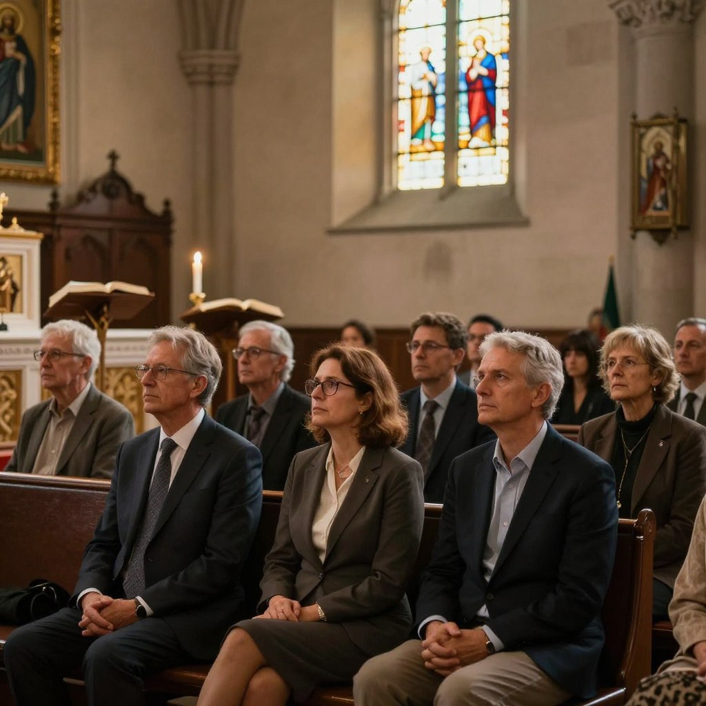 A serene church interior, softly illuminated by warm, golden natural light filtering through stained glass windows. In the foreground, a diverse group of adults in modest professional attire reflects thoughtfully on themes of stewardship, their expressions serene and engaged. In the middle ground, a lectern with an open Bible and a candle symbolizes faith and hope. The background features elegantly arranged pews and religious iconography, evoking a sense of community and reverence. The overall atmosphere is peaceful and reflective, emphasizing the importance of stewardship in everyday life, with soft shadows enhancing the intimate and solemn mood of a Sunday service. The angle highlights the gathering as they listen to a homily, promoting a sense of connection and contemplation.