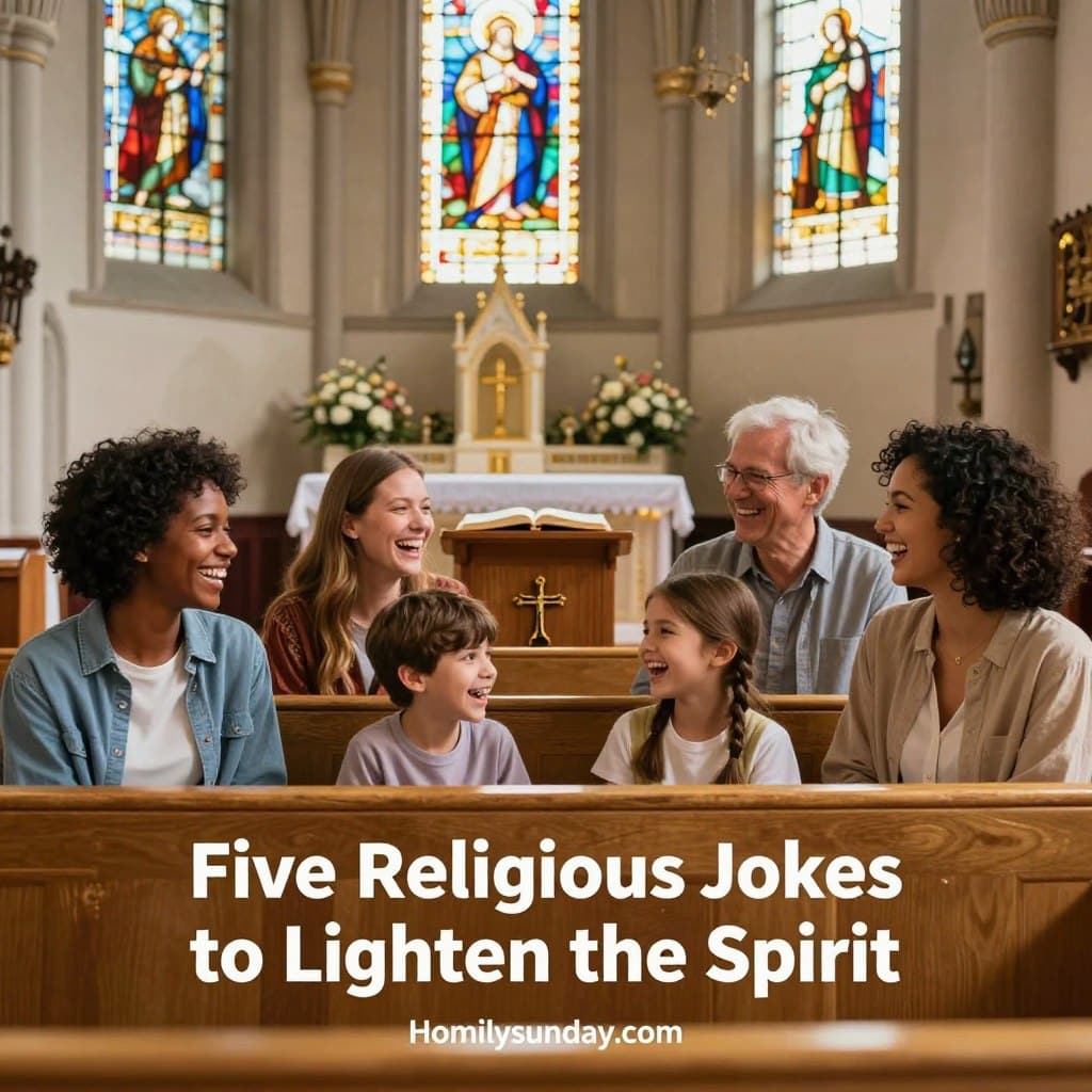 A serene church interior with soft, warm lighting filtering through stained glass windows, casting colorful reflections across golden pews. In the foreground, a diverse group of four people dressed in modest casual clothing, two adults and two children, are sharing a light-hearted moment, laughing together. In the middle ground, a wooden lectern stands adorned with a small, elegant cross and a few open scripture books. The background features the church altar, elegantly decorated with flowers. The overall atmosphere is joyful and uplifting, conveying a spirit of laughter and community. The image includes elements that symbolize faith while maintaining a lighthearted tone, ideal for illustrating "Five Religious Jokes to Lighten the Spirit." The branding "Homilysunday.com" is subtly integrated into the scene.
