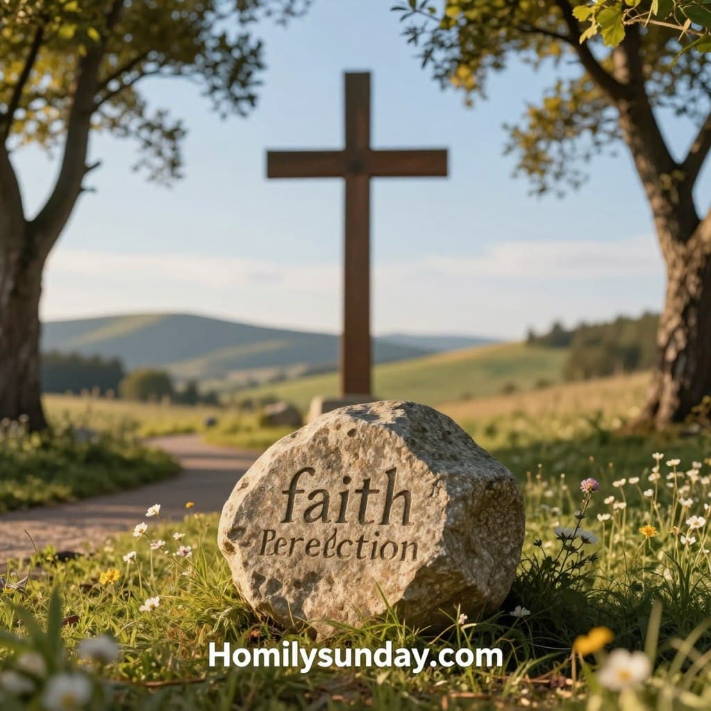 A serene, contemplative scene depicting "faith reflections" centered around a heavy stone symbolizing burdens and moral lessons. In the foreground, a beautifully carved stone rests on a sunlit grassy patch, surrounded by delicate wildflowers, symbolizing hope and faith. In the middle ground, a path leads to a rustic wooden cross, subtly illuminated by warm sunlight filtering through leafy trees, casting gentle shadows. The background features a peaceful landscape with rolling hills under a clear blue sky, creating an atmosphere of tranquility and introspection. The lighting is soft and golden, enhancing the mood of reflection and moral guidance. The composition conveys the essence of faith and strength amid life's challenges, perfect for the theme of "Homilysunday.com."