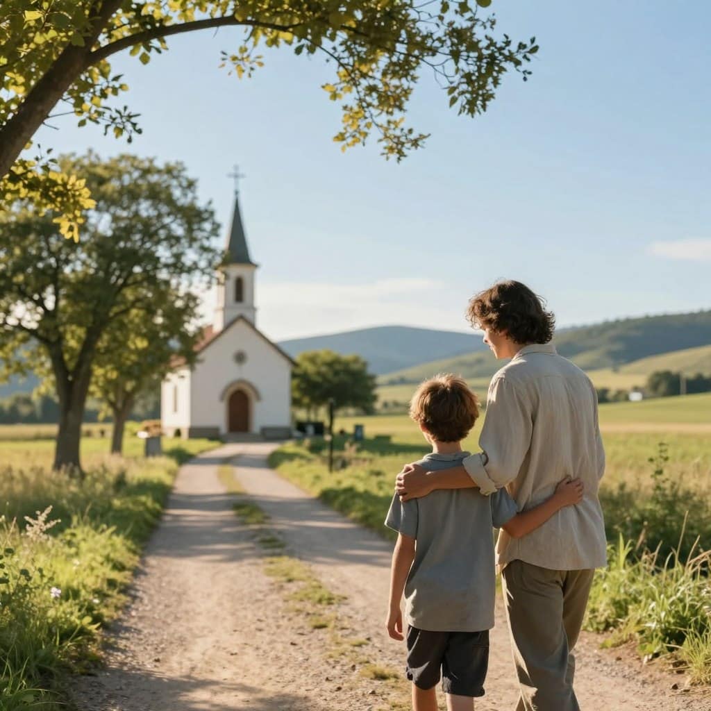A serene countryside scene illustrating the themes of faith and sacrifice. In the foreground, a compassionate figure in modest, casual clothing supports a younger person, who appears grateful, emphasizing their bond. The middle ground features a sun-drenched path leading toward a humble church, symbolizing hope and devotion. A few trees line the path, their leaves gently rustling in a warm breeze, while soft rays of sunlight illuminate the scene, creating a sense of warmth and tranquility. In the background, rolling hills rise under a clear blue sky. The overall mood is uplifting and reflective, capturing the essence of moral values. The image should evoke feelings of trust and commitment, perfect for the topic’s theme. Homilysunday.com.