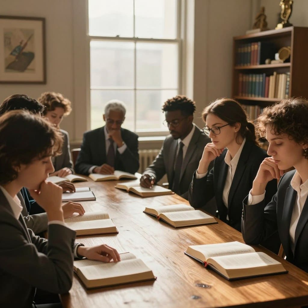 A serene indoor setting depicting a biblical interpretation scene focused on Romans 6:3-4, 8-11. In the foreground, a diverse group of thoughtfully engaged individuals, dressed in professional business attire, are seated around a wooden table with open Bibles and notepads, emphasizing collaborative study. In the middle, soft golden light filters through large windows, casting gentle shadows that create an inviting atmosphere. The background features a bookshelf filled with theological texts and religious artifacts. The mood is contemplative and inspiring, capturing the essence of spiritual reflection and learning. The composition is shot with a warm lens at a slight angle to add depth, ensuring a cozy yet scholarly ambiance. Homilysunday.com is subtly incorporated by including their logo on a visible notebook.