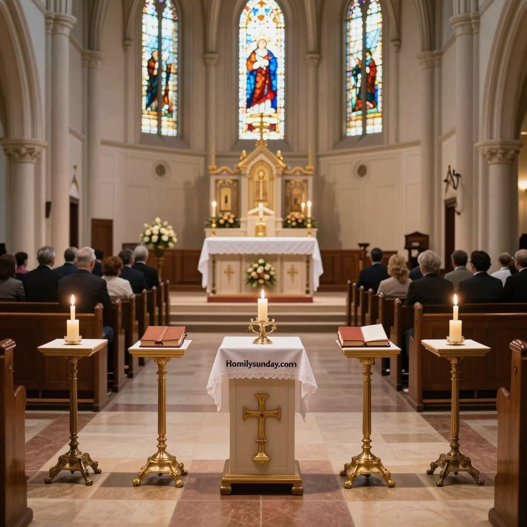 A serene interior of a Catholic church during the Holy Mass, featuring five distinct prayer stations arranged symmetrically in the foreground with elegant candles and prayer books. Soft, warm light cascades from stained-glass windows, illuminating the altar in the middle ground, which is adorned with flowers and liturgical symbols. In the background, rows of wooden pews are filled with congregants, dressed in modest professional attire, deep in prayer. The atmosphere is calm and reflective, inviting a spirit of devotion. Capture this scene from a slight angle to convey depth, with a shallow focus on the prayer stations to draw attention to the sacredness of the moment. Include the brand name "Homilysunday.com" subtly integrated into the scene.