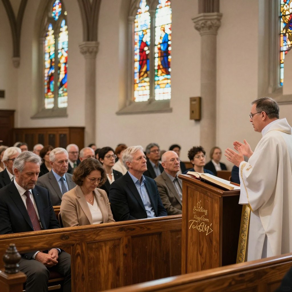 A serene interior of a church during a Sunday sermon. In the foreground, a diverse group of congregants, dressed in modest business attire, listens attentively to a middle-aged priest standing at the pulpit, conveying a heartfelt message. The priest holds a Bible and gestures passionately, embodying the spirit of community and hope. In the middle ground, wooden pews filled with people of various ages, some with heads bowed in reflection, others with looks of inspiration. The background features stained glass windows casting colorful light across the space, enhancing the atmosphere of reverence and peace. Soft, warm lighting creates an inviting glow throughout the scene, evoking a feeling of unity and purpose. The composition captures a moment of collective faith and the commitment to "Building the Kingdom Today."