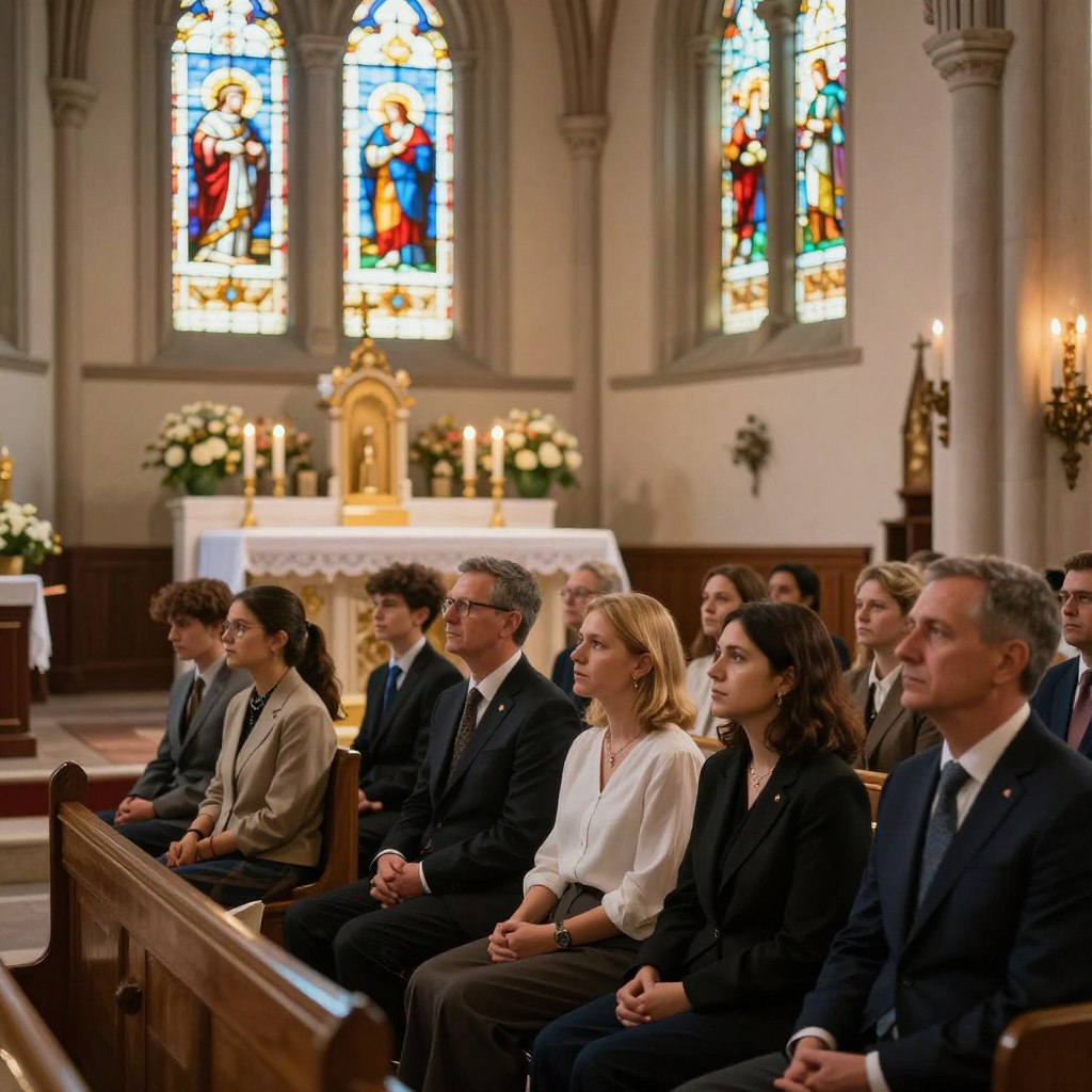 A serene interior of a traditional church during Sunday Mass, capturing the moment of reflection. In the foreground, a diverse group of adults and children in modest, professional attire sit quietly in wooden pews, with expressions of contemplation. The middle ground features a beautifully adorned altar with candles flickering softly, surrounded by flowers symbolizing hope and renewal. The background showcases stained glass windows depicting biblical scenes, casting colored light across the space. The atmosphere is peaceful and reverent, with warm, soft lighting illuminating the church interior, enhancing the spiritual mood. A lens flare subtly accentuates the worship setting, inviting viewers into a moment of introspection. Homilysunday.com.