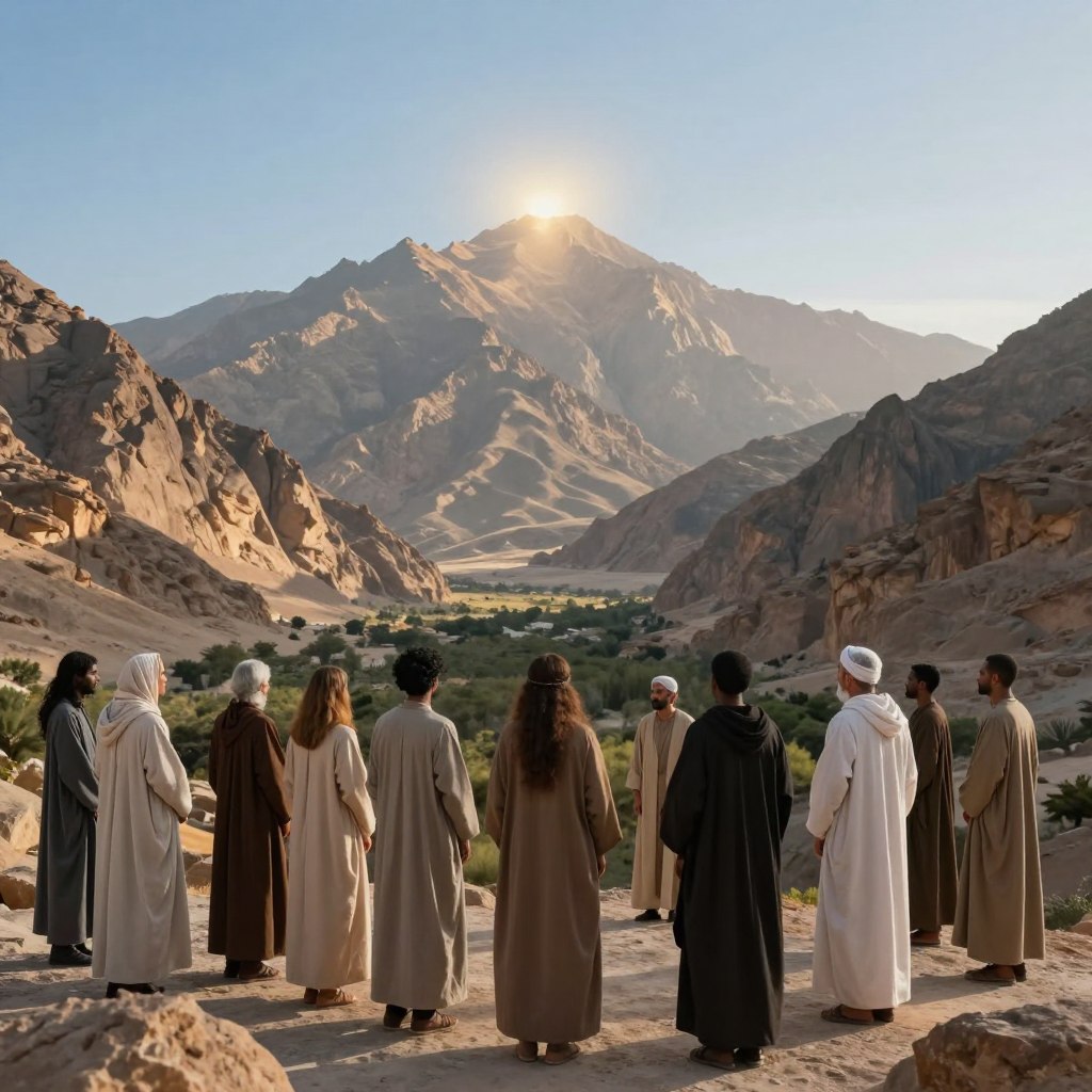 A serene landscape depicting Mount Sinai under a clear blue sky, radiating a soft golden light. In the foreground, a diverse group of individuals in modest and respectful clothing, representing different ages and ethnicities, gather in contemplation. They stand on rocky terrain, with gentle expressions of reverence and reflection. In the middle ground, a lush valley stretches out, framed by rugged mountains that symbolize strength and divinity. The background subtly hints at a bright, ethereal presence at the peak of the mountain, conveying a sense of divine covenant. The overall mood is peaceful yet profound, inviting viewers to reflect on themes of faith and unity. The image should incorporate natural lighting to enhance the tranquil atmosphere, resembling a photograph taken with a wide-angle lens from a slightly elevated perspective.