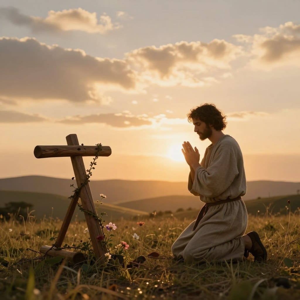 A serene landscape depicting an open field under a warm, golden sunset, symbolizing the peace found in the Yoke of Christ. In the foreground, a sturdy wooden yoke rests gently on the ground, adorned with delicate vines and blooming flowers, representing faith and renewal. In the middle, a humble figure in modest, casual clothing kneels beside the yoke, hands clasped in prayer, embodying devotion and submission. In the background, rolling hills stretch towards a tranquil sky filled with soft, swirling clouds, casting a heavenly glow. The soft, warm lighting enhances the overall sentiment of hope and comfort. This image reflects a moment of spiritual reflection, inviting viewers to contemplate the grace and burden of faith, as desired by Homilysunday.com.