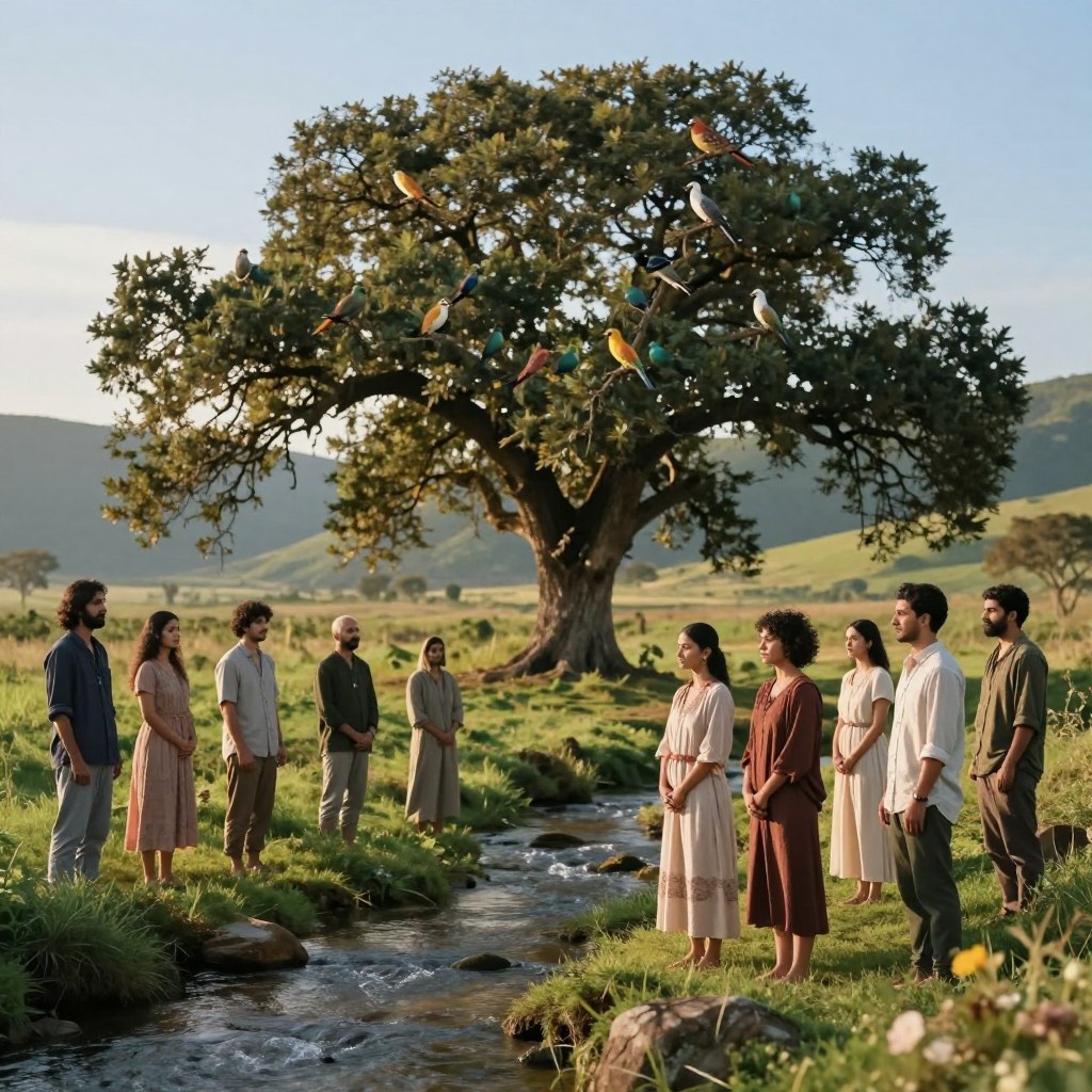 A serene landscape depicting spiritual reflection, featuring a gentle stream flowing through lush greenery. In the foreground, a diverse group of individuals in modest casual attire stands together, their expressions contemplative and peaceful, symbolizing unity. The middle ground showcases an ancient oak tree, its branches extending like open arms, supporting a variety of colorful birds perched on the limbs. In the background, soft hills gently rise under a clear blue sky, with a warm sunlight casting a golden hue over the scene, creating a divine ambiance. The lens captures the scene with a slight depth of field, focusing on the individuals while softly blurring the background, enhancing the feeling of introspection and tranquility. The overall atmosphere is one of calm reflection, inviting viewers to connect spiritually with the moment.