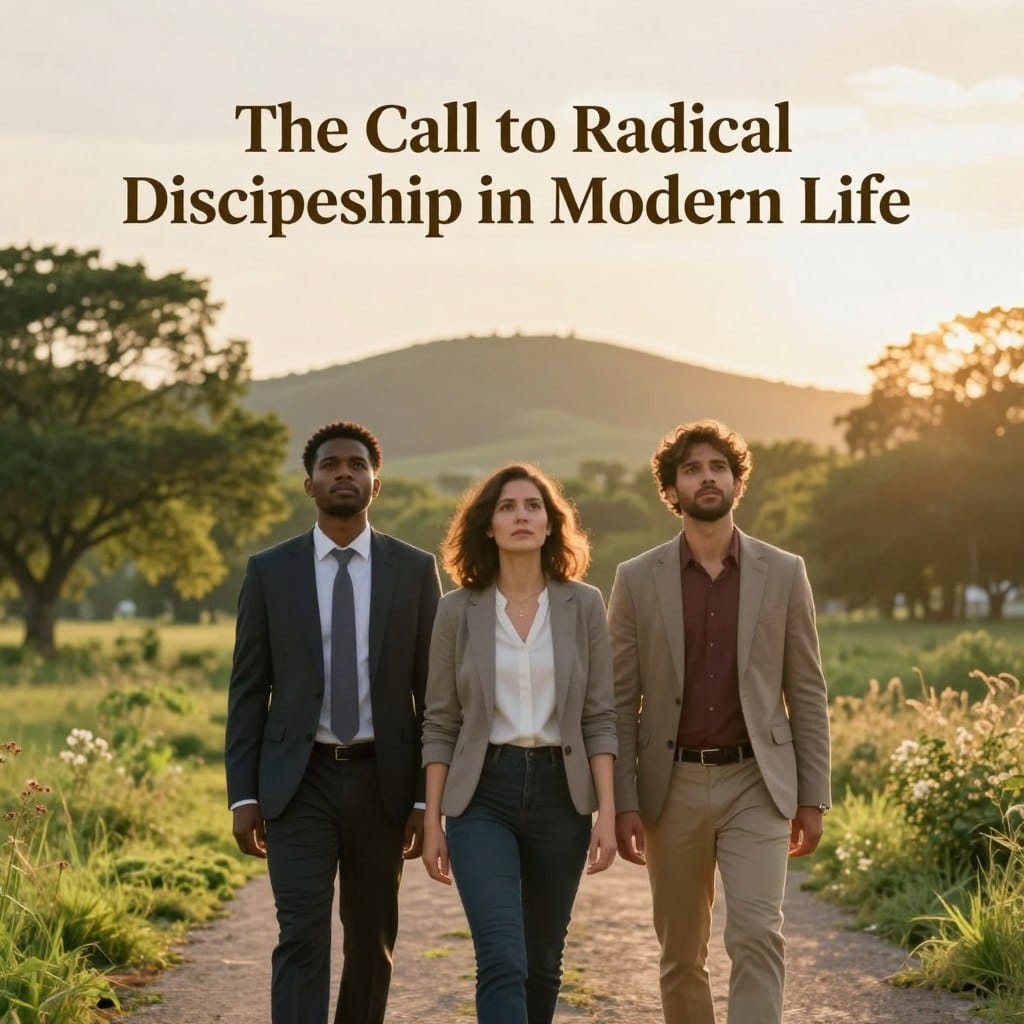 A serene landscape scene symbolizing "The Call to Radical Discipleship in Modern Life." In the foreground, a diverse group of three individuals in professional business attire and modest casual clothing stand united on a path, looking determined and hopeful. Their expressions reflect resolve and compassion. In the middle ground, lush greenery and soft sunlight filtering through trees create a peaceful yet inspiring atmosphere. In the background, a gently rising hill leads to a distant, glowing horizon, suggesting new beginnings and spiritual journeys. The overall mood is uplifting and empowering, emphasizing unity in purpose. The lighting is warm and inviting, casting soft shadows to enhance the serene setting. This image is designed to resonate with the themes of modern discipleship and commitment. Homilysunday.com.