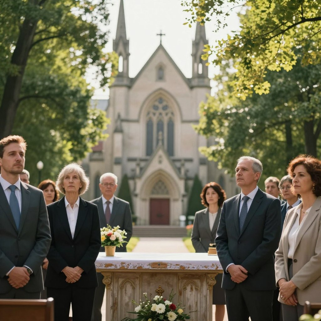 A serene outdoor scene depicting a church setting during the Eleventh Sunday in Ordinary Time. In the foreground, a diverse group of individuals, dressed in professional business attire, stand together in contemplation, with expressions of reflection and sincerity. The middle ground features a weathered wooden altar adorned with simple floral arrangements, symbolizing humility and repentance. In the background, a soft-focus view of a majestic gothic-style church under a radiant sunbeam piercing through lush, green trees, casting gentle light and creating a warm, inviting atmosphere. The overall mood is peaceful and reverent, evoking a sense of spiritual awakening and the importance of repentance in the Christian life. The lighting is natural, with a slight golden hue to enhance the feeling of tranquility.