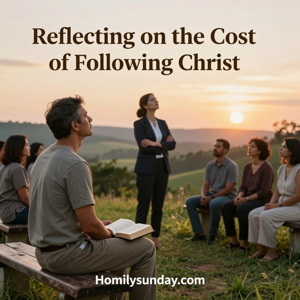 A serene outdoor scene depicting a diverse group of people, deeply engaged in reflection. Foreground: A middle-aged man in modest casual clothes, sitting on a rustic bench, looking contemplatively at an open Bible in his lap. Middle ground: A woman in professional attire standing with her arms crossed, gazing upward towards the sky, symbolizing hope and introspection. Background: A lush landscape of rolling hills and a gentle sunset casting a warm golden hue across the scene, enhancing the reflective mood. Soft, diffused lighting creates an atmosphere of peace and contemplation, inviting viewers to ponder the cost of faith. The composition suggests a journey toward spiritual fulfillment, connecting with the theme of "Reflecting on the Cost of Following Christ". Brand name, Homilysunday.com, subtly integrated into the scene as part of the environment.