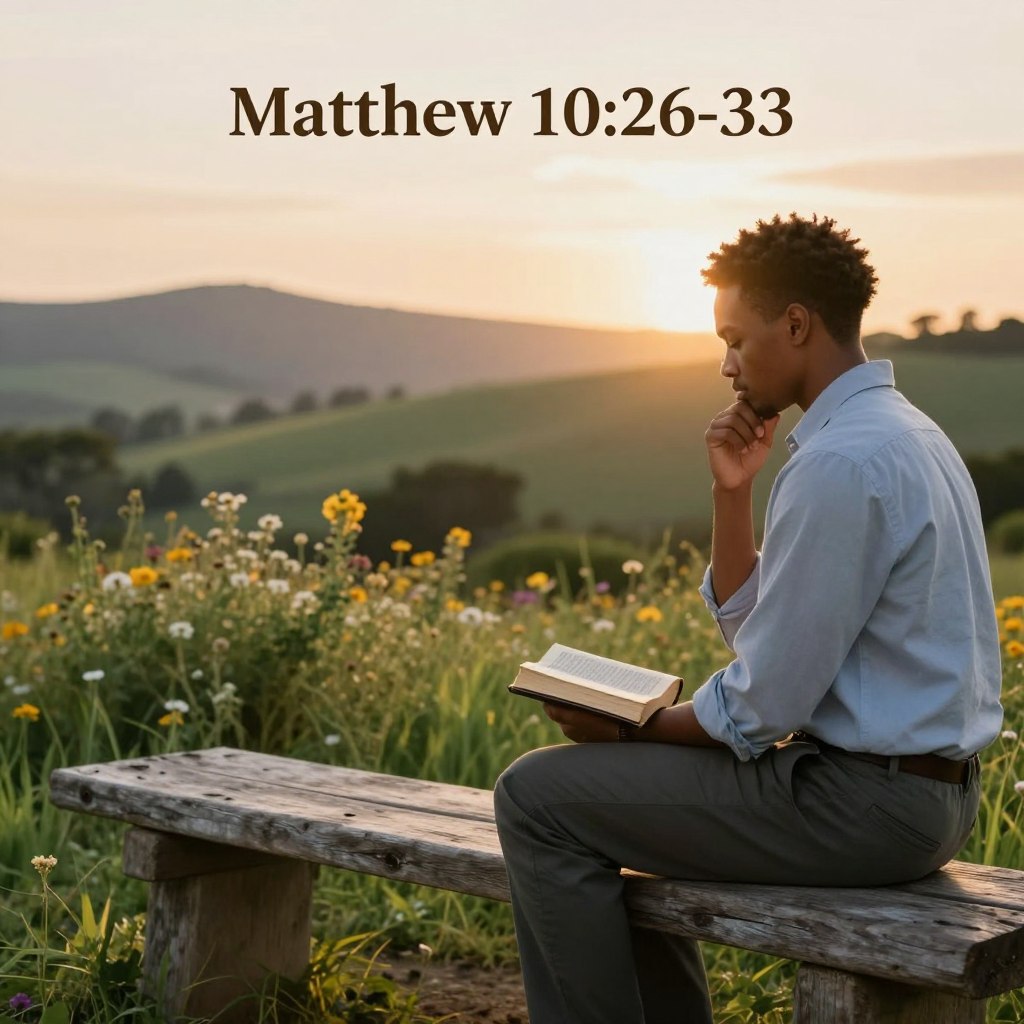 A serene outdoor scene depicting a thoughtful individual engaged in gospel reflection, symbolizing the essence of Matthew 10:26-33. In the foreground, a person of diverse descent sits on a rustic wooden bench, dressed in modest, professional attire, gazing thoughtfully into a Bible. The middle ground features soft, lush greenery and wildflowers, creating a peaceful environment. In the background, gentle rolling hills and a warm afternoon sky cast golden hues of sunlight, enhancing the reflective atmosphere. The image captures a moment of prayer and contemplation, evoking a sense of tranquility and spiritual connection. The composition should utilize soft, natural lighting to emphasize warmth and serenity. Inspired by the brand Homilysunday.com.