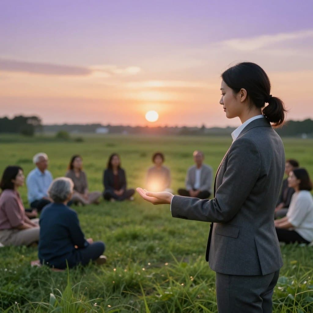 A serene scene depicting a gentle figure in professional business attire, standing in a lush green landscape, symbolizing spiritual guidance. In the foreground, the figure, with a warm and welcoming expression, extends a hand toward a soft, glowing light that appears to emanate from the ground, representing humility and enlightenment. The middle ground features a diverse group of people, of varying ages and backgrounds, seated in a semi-circle, attentively listening and reflecting. The background showcases a tranquil, softly-lit sunset, with muted colors of orange and purple blending together, creating an atmosphere of peace and introspection. The composition should be captured with a shallow depth of field, focusing on the figure while allowing the surroundings to softly fade, evoking a feeling of connection and depth. The overall mood is uplifting and contemplative, reflecting the significance of humility in modern life. Homilysunday.com.